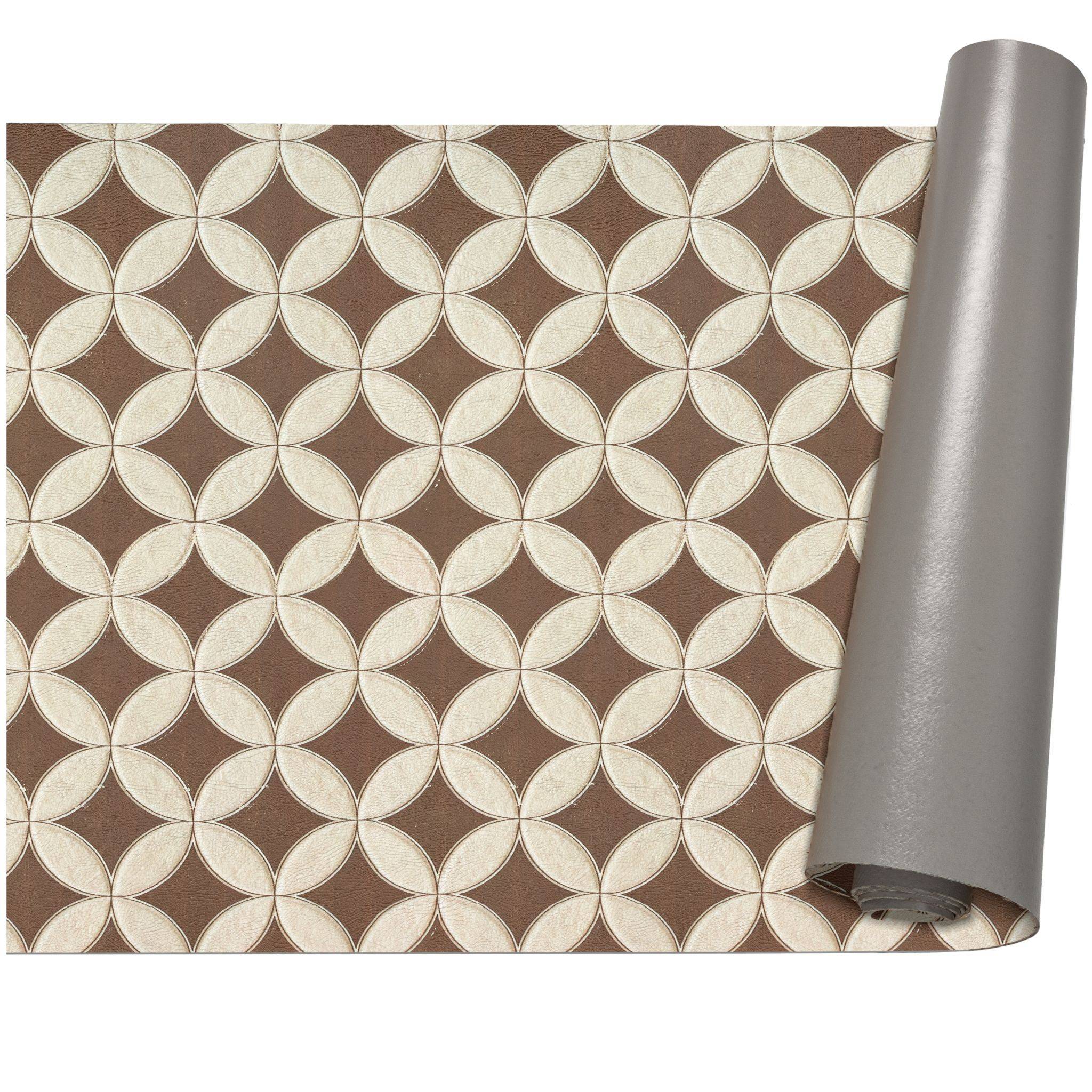 Dekorative Tapete in Rollenform mit sich wiederholendem braun-cremefarbenem geometrischen Kreismuster.