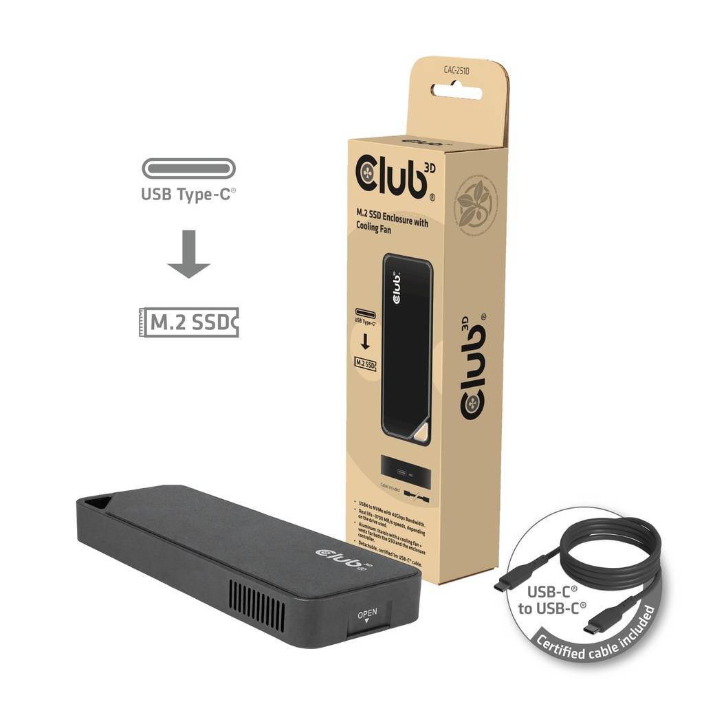 Produktbild eines USB-C-M.2-SSD-Gehäuses mit Kühlventilator, das das Gehäuse, die Einzelhandelsverpackung und das mitgelieferte USB-C-zu-USB-C-Kabel zeigt.