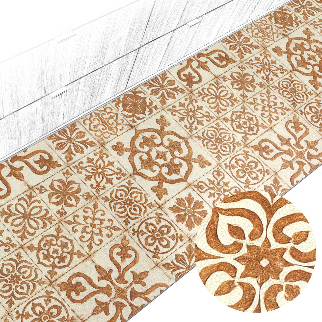 Dekorative Bodenfliesen mit wiederholten beige- und weißen Blumenmustern, in einem diagonalen Layout mit einer Nahaufnahme, die die Textur hervorhebt.