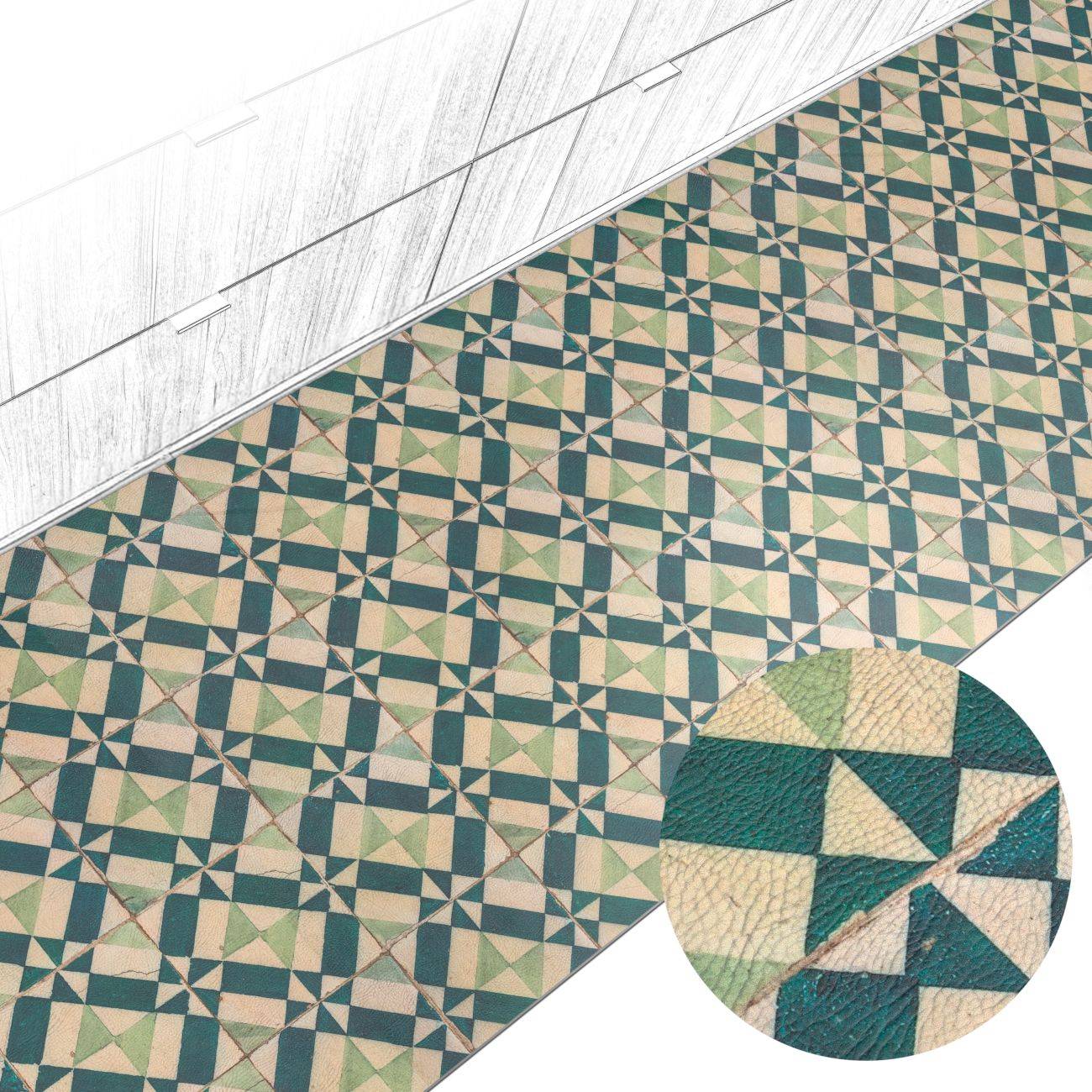 Teal, Beige und Creme geometrisches Fliesenmuster auf einem Boden oder einer Wand, mit einer kreisförmigen Nahaufnahme, die das strukturierte Mosaik-Detail hervorhebt.