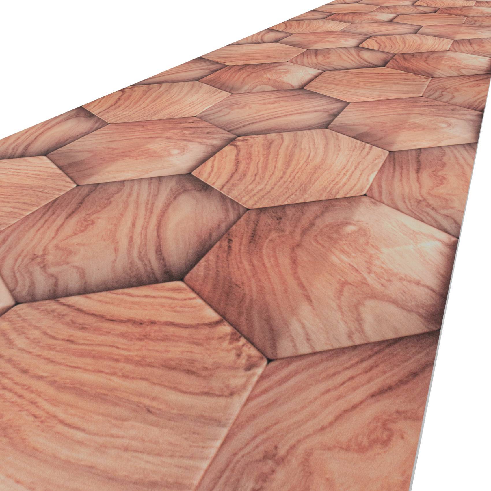 Perspektivische Ansicht eines sich wiederholenden hexagonalen Holzfliesenmusters in warmen rosa-braunen Tönen, das einen langen Boden oder Gehweg bildet.