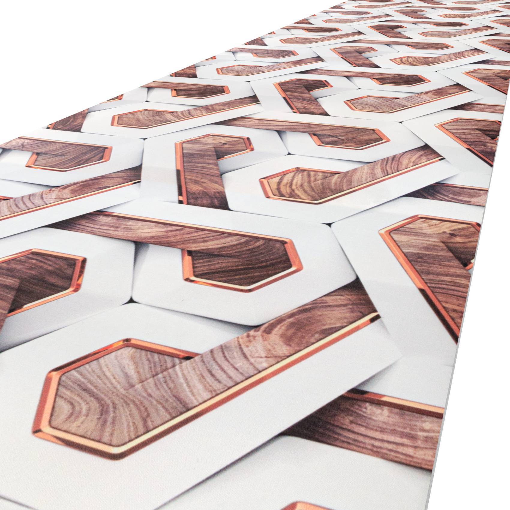 Abstraktes Muster aus sich überlappenden weißen Karten mit Holzmaserung-Sechseck-Ausschnitten, die eine sich wiederholende geometrische Textur bilden.