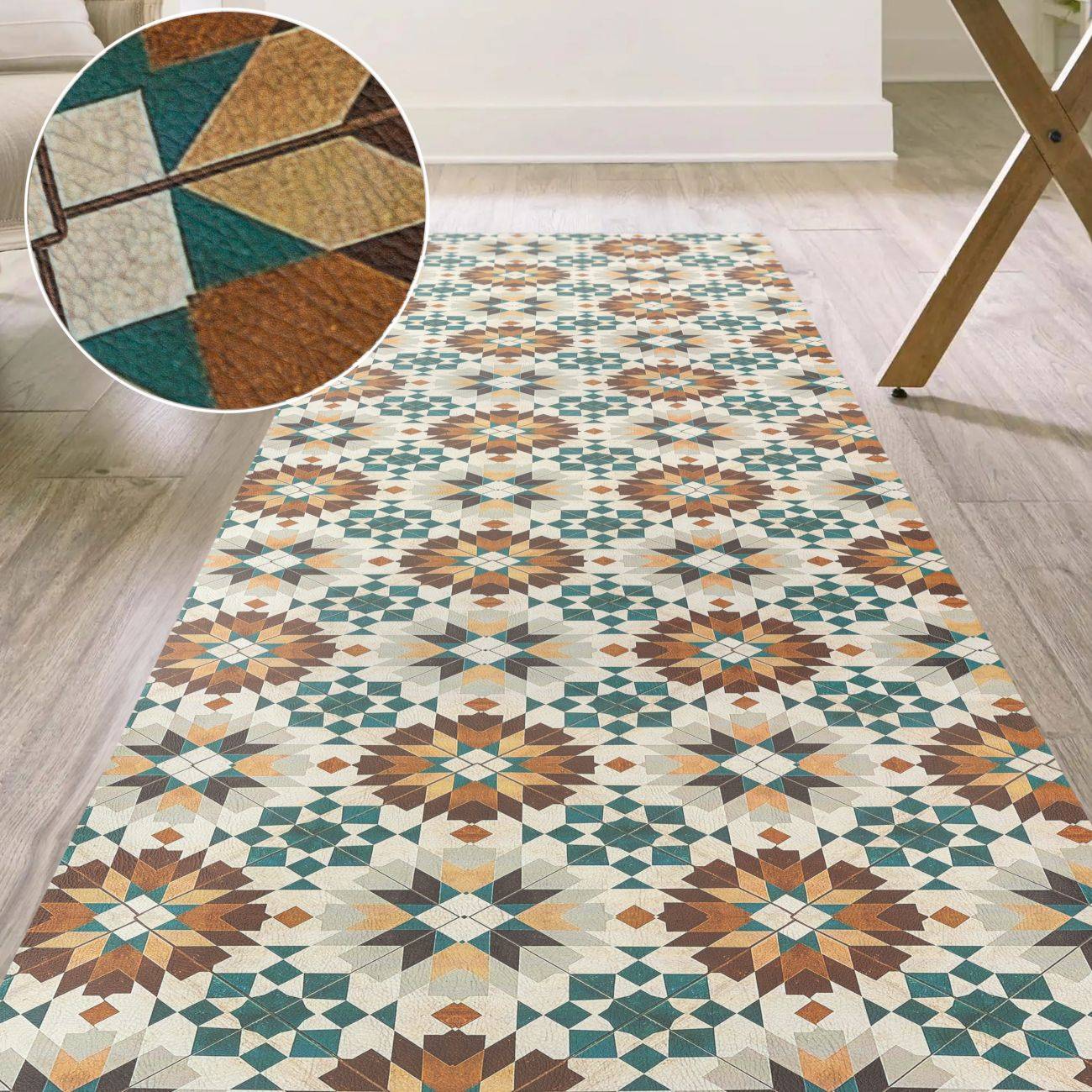 Gemusterter Bereichsteppich mit sich wiederholenden geometrischen Stern- und Diamantmustern in Blaugrün, Creme und Rost auf einem hellen Holzboden, mit einer vergrößerten Einführung der Webtextur und Naht.