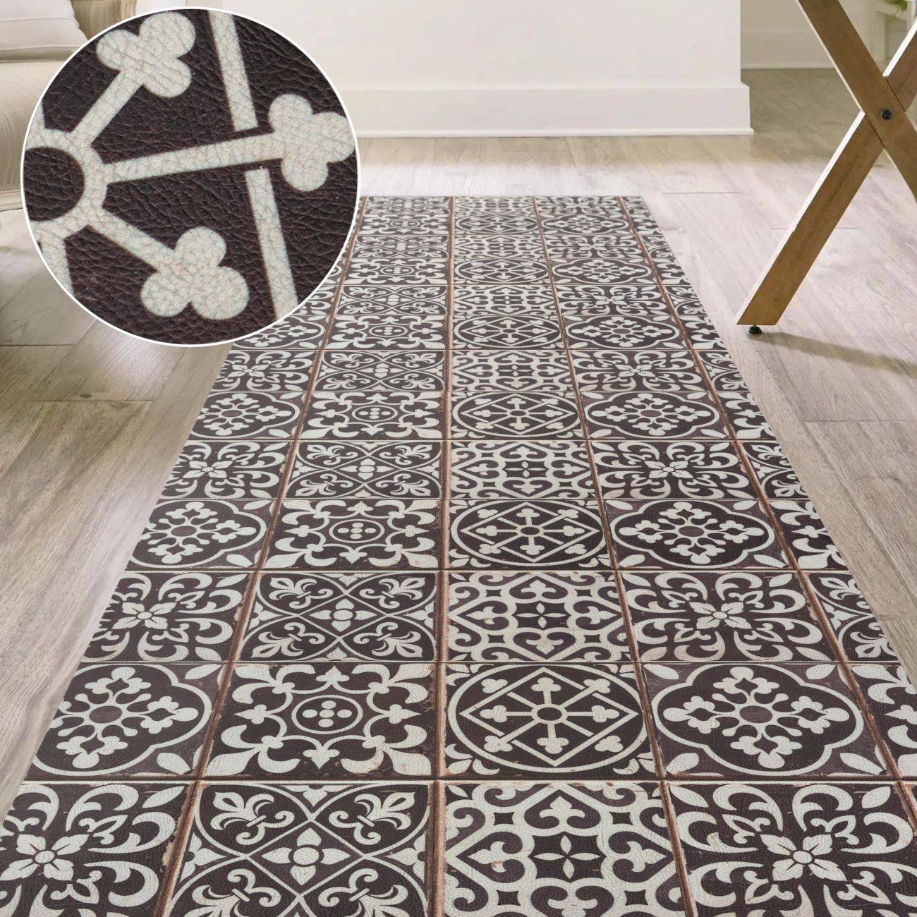 Gemusterter Läufer auf hellem Holzboden in einem Zimmer, mit einer eingefügten Nahaufnahme, die das fliesenähnliche florale und geometrische Design zeigt.