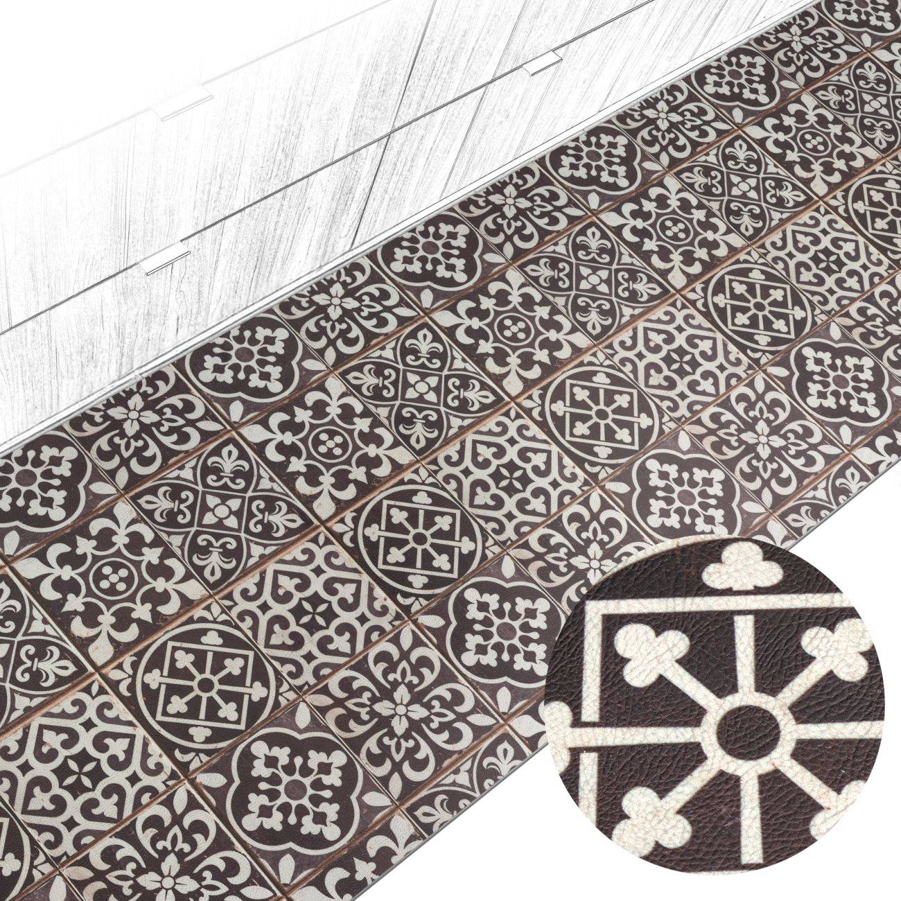Dekorative Fußbodenbordüre mit sich wiederholenden braun-weißen geometrischen Blumenkachelmuster, in perspektivischer Ansicht mit kreisförmiger Detailvergrößerung.