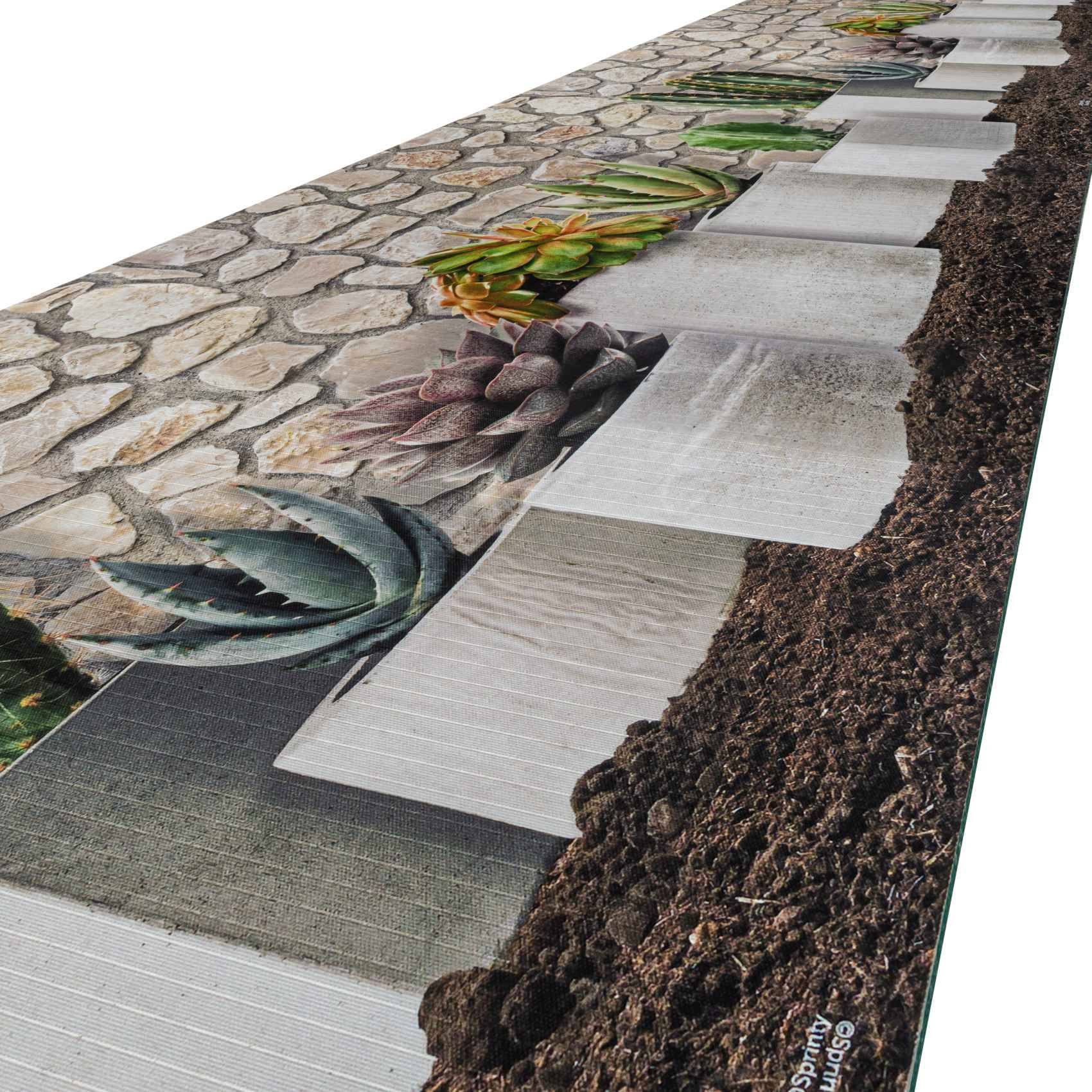 Geneigte Außenausstellung von angeordneten Pflastermaterialien und Sukkulentenpflanzenmuster, die eine Landschaftsgestaltung oder Produktmusterinstallation zeigt.