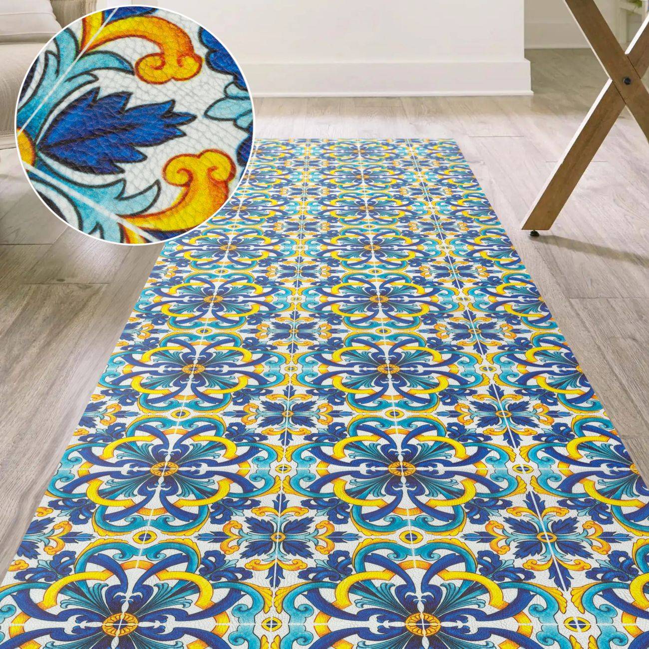 Gemusterter blau, gelb und türkisblauer Flurläufer mit verziertem blumigem fliesenähnlichem Design in einem Zimmer, plus eine Nahaufnahme im Inset, die die Textur und den Druck zeigt.