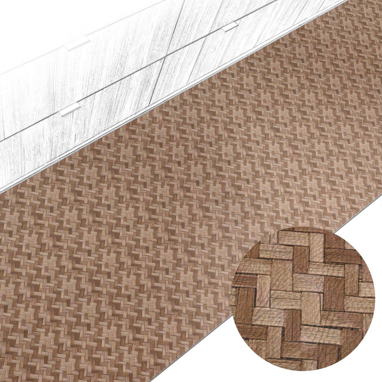 Nahaufnahme einer gewebten braunen Holztextur mit einer kreisförmigen Lupe, die das verflochtene Korbwebenuster vergrößert.