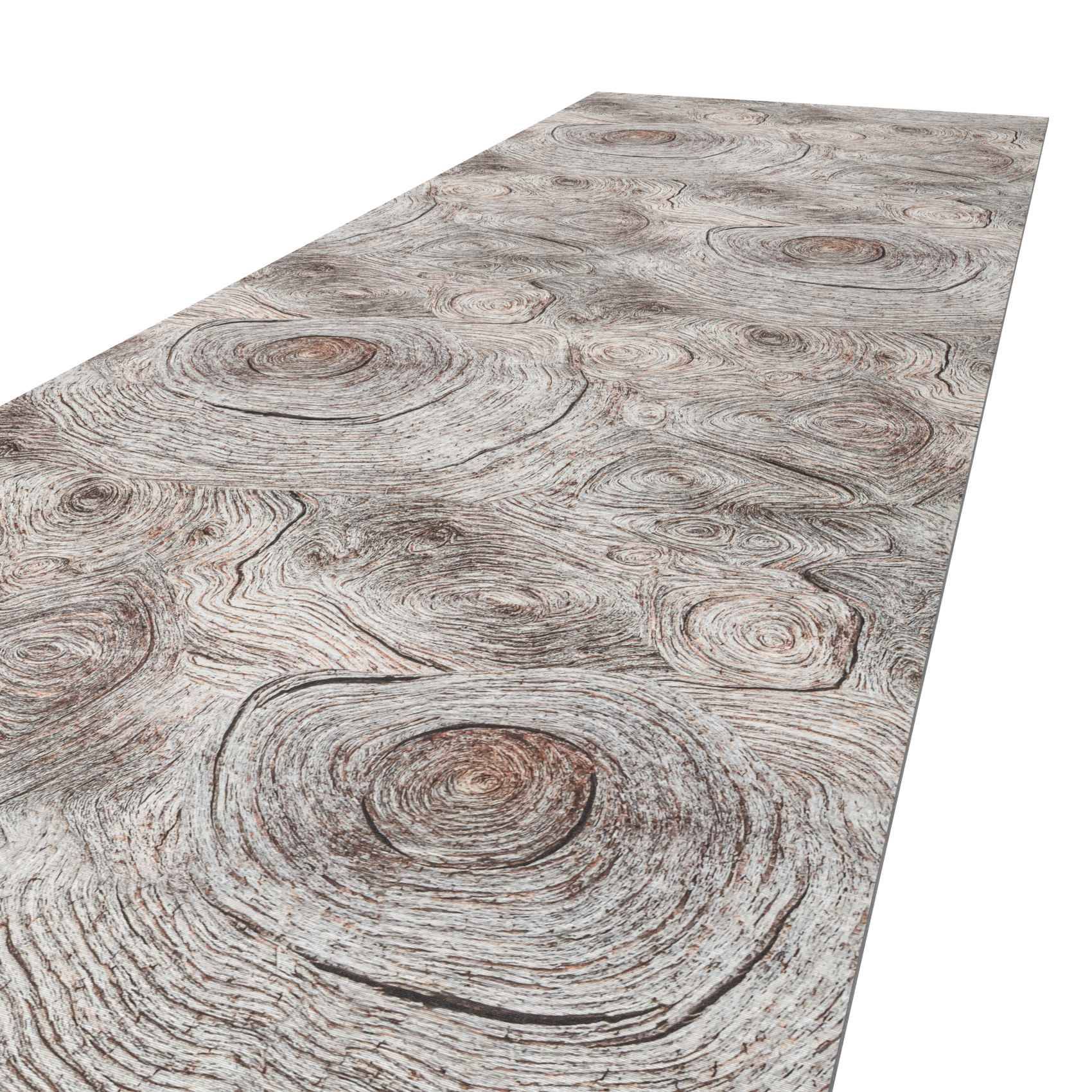 Langer rechteckiger Teppich mit grauem Holzmaserungsmuster und kreisförmigen Ringdesigns, in Perspektive auf weißem Hintergrund dargestellt.