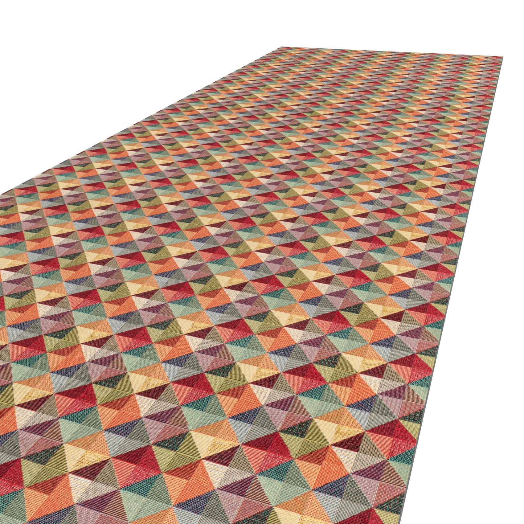 Langer mehrfarbiger geometrisch gemusterter Läuferteppich, der sich in der Ferne auf weißem Hintergrund verliert.