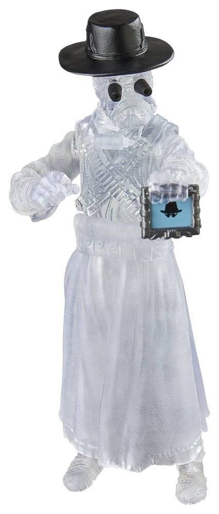 Transparente Geisterfigur mit schwarzem Hut, die ein kleines gerahmtes Bild hält und in einem langen weißen Gewand gekleidet ist.