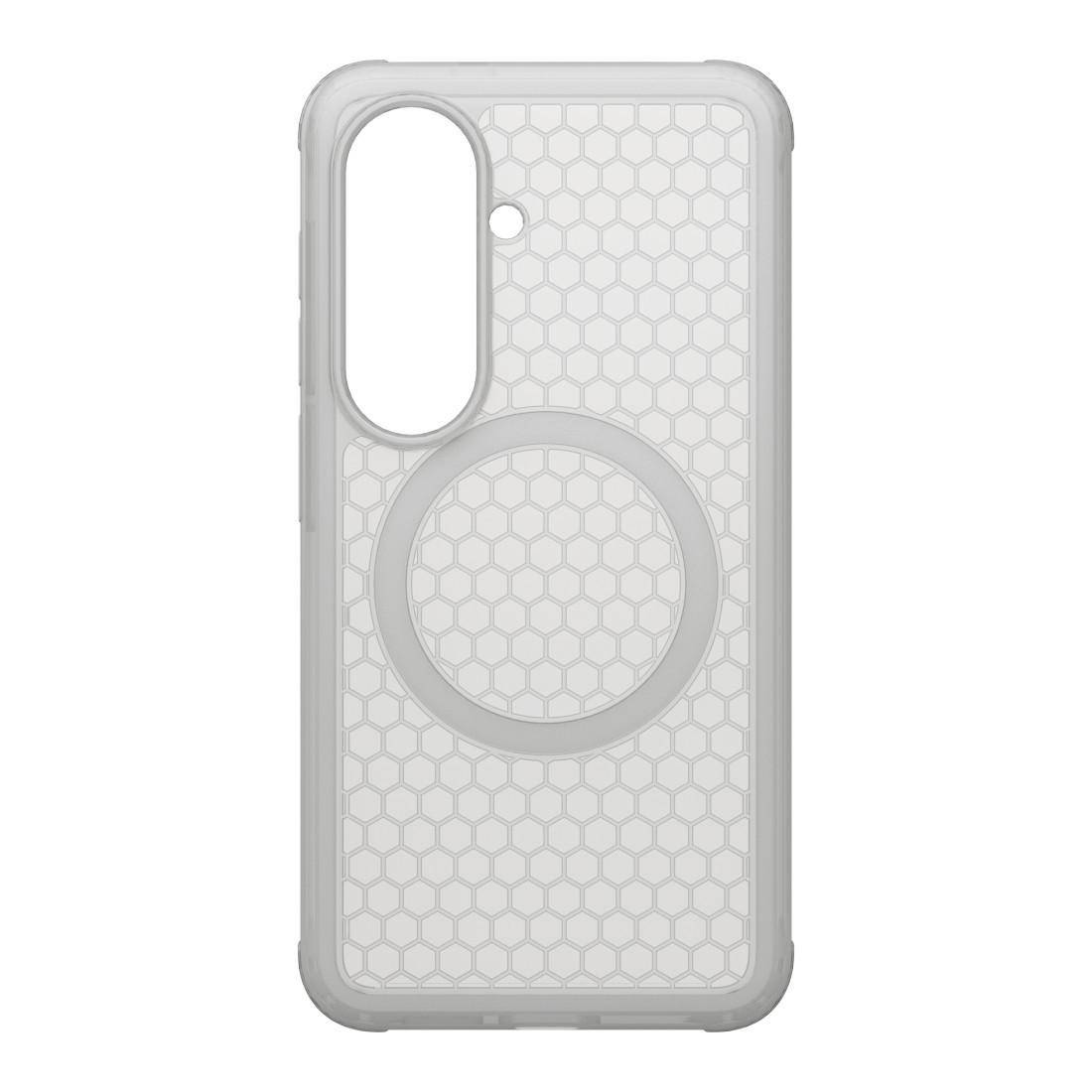 Transparente Smartphone-Hülle mit Wabenstruktur und zentralem MagSafe-ähnlichem Laduring, in Vorderansicht gezeigt.