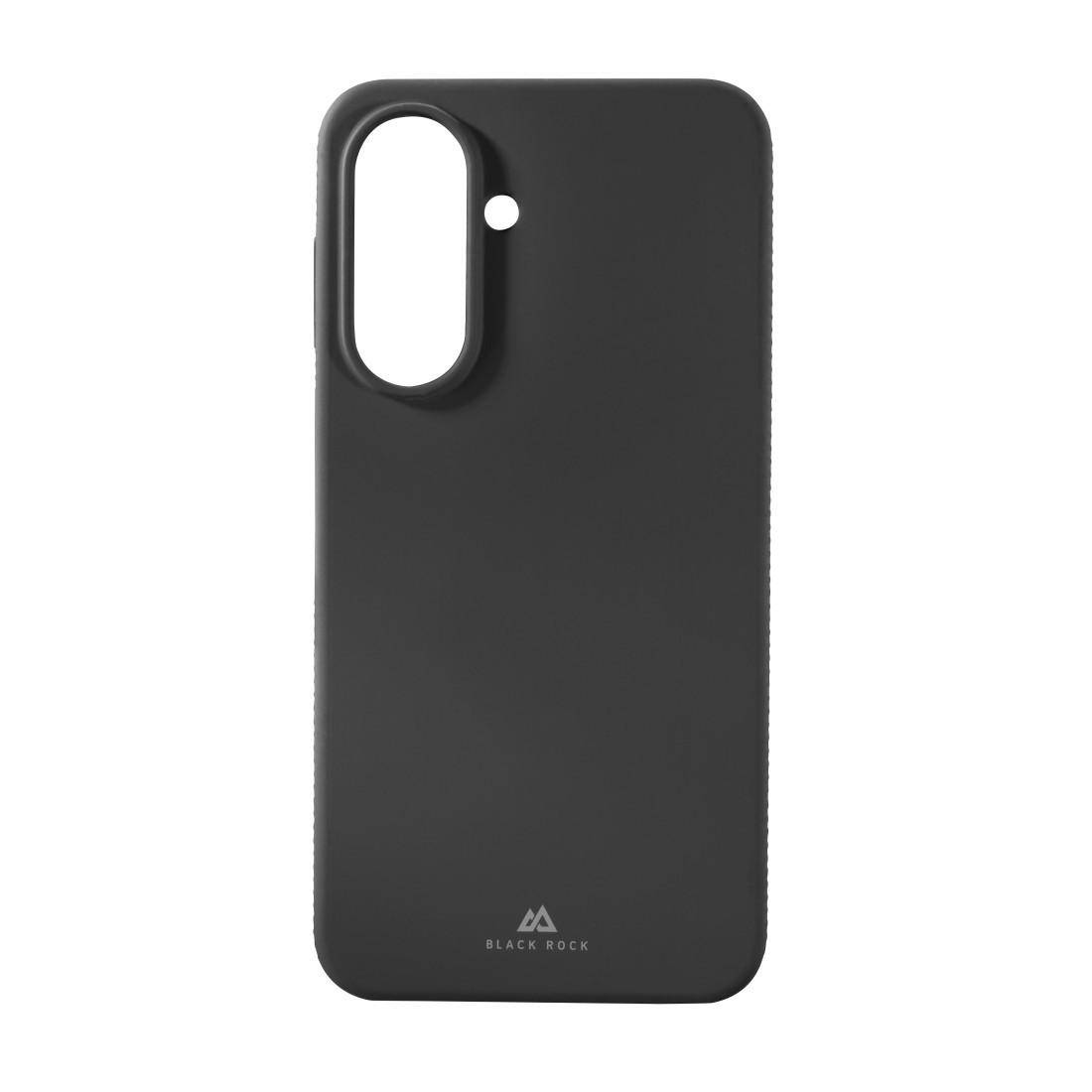 Schwarze Smartphone-Schutzhülle mit vertikalem Kameraausschnitt und kleinem Logo unten, auf weißem Hintergrund dargestellt.