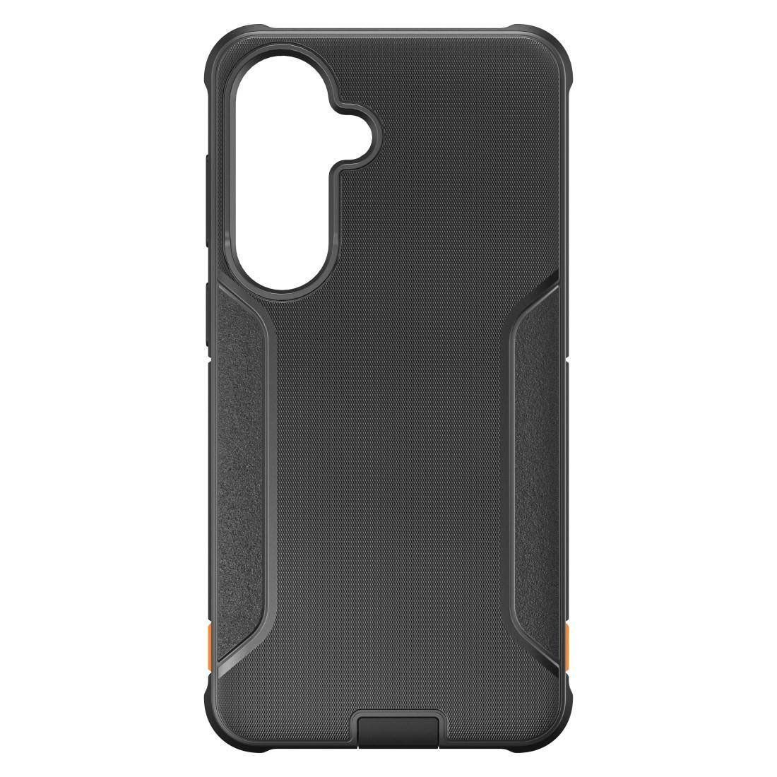 Robuste schwarze Smartphone-Schutzhülle mit verstärkten Ecken und großem vertikalem Kameraausschnitt auf der Rückseite.