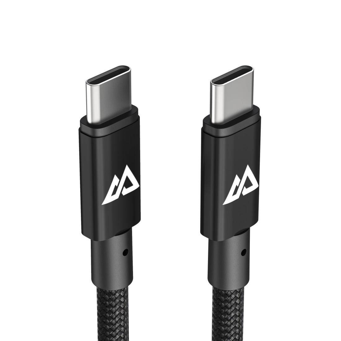 Zwei schwarze USB-C-Kabelstecker nebeneinander auf weißem Hintergrund dargestellt.