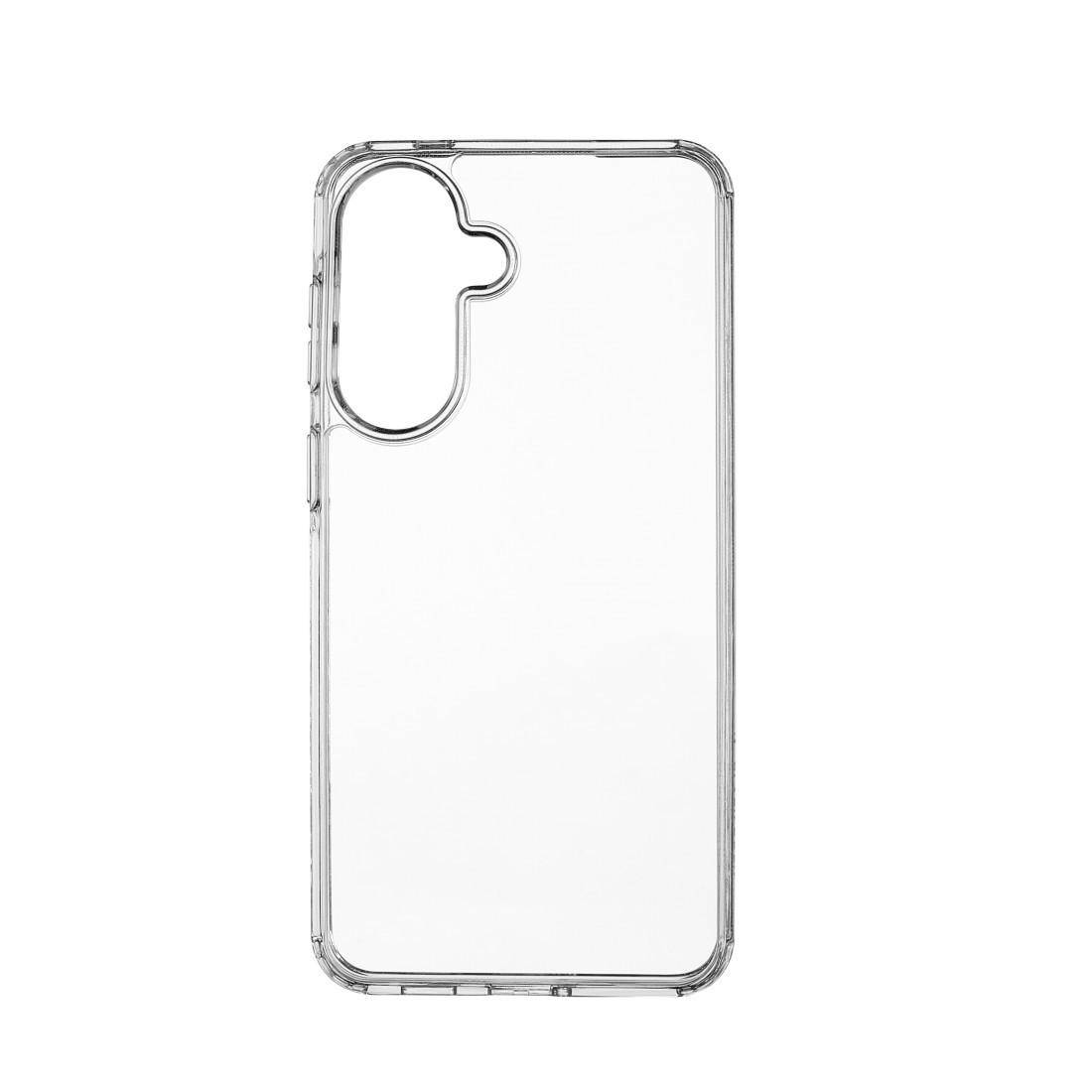 Transparente, klare Smartphone-Hülle mit erhöhter Aussparung für die rückseitige Kamera auf weißem Hintergrund.