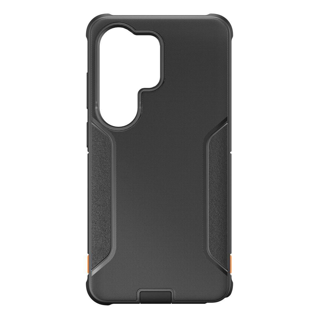 Schwarze robuste Smartphone-Schutzhülle mit erhöhten Kanten und großem Kameraausschnitt auf der Rückseite, auf weißem Hintergrund dargestellt.