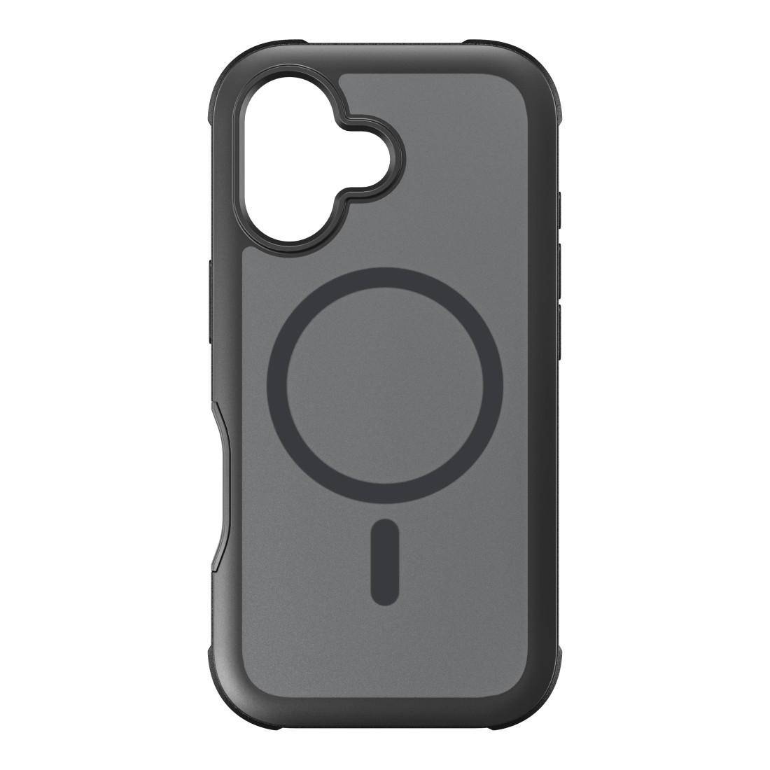 Graues Smartphone-Gehäuse mit integriertem kreisförmigem MagSafe-ähnlichem Ladealignment-Ring und Kameraaussparung, Vorderansicht auf weißem Hintergrund.