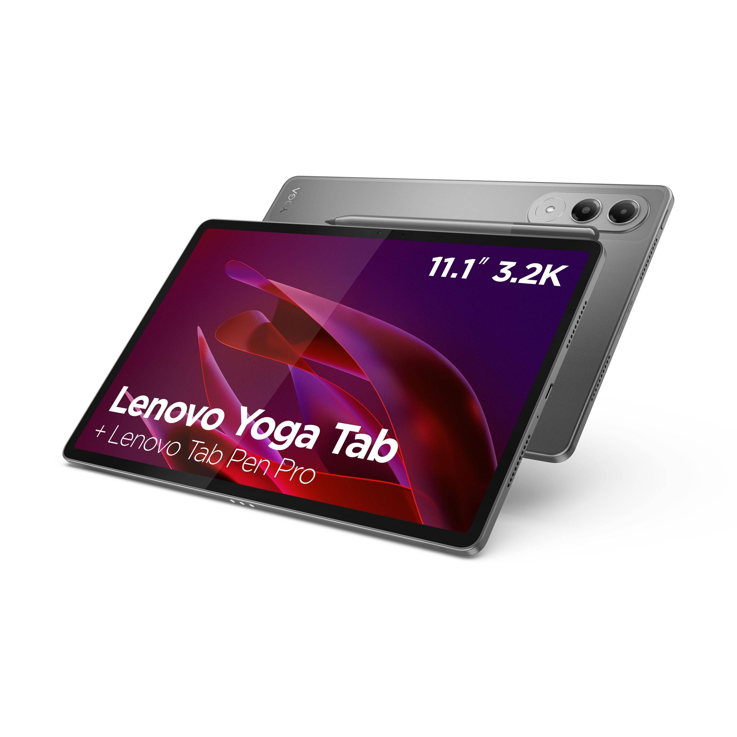 Lenovo Yoga Tab Tablet von vorne und hinten gezeigt, beschriftet mit „11,1