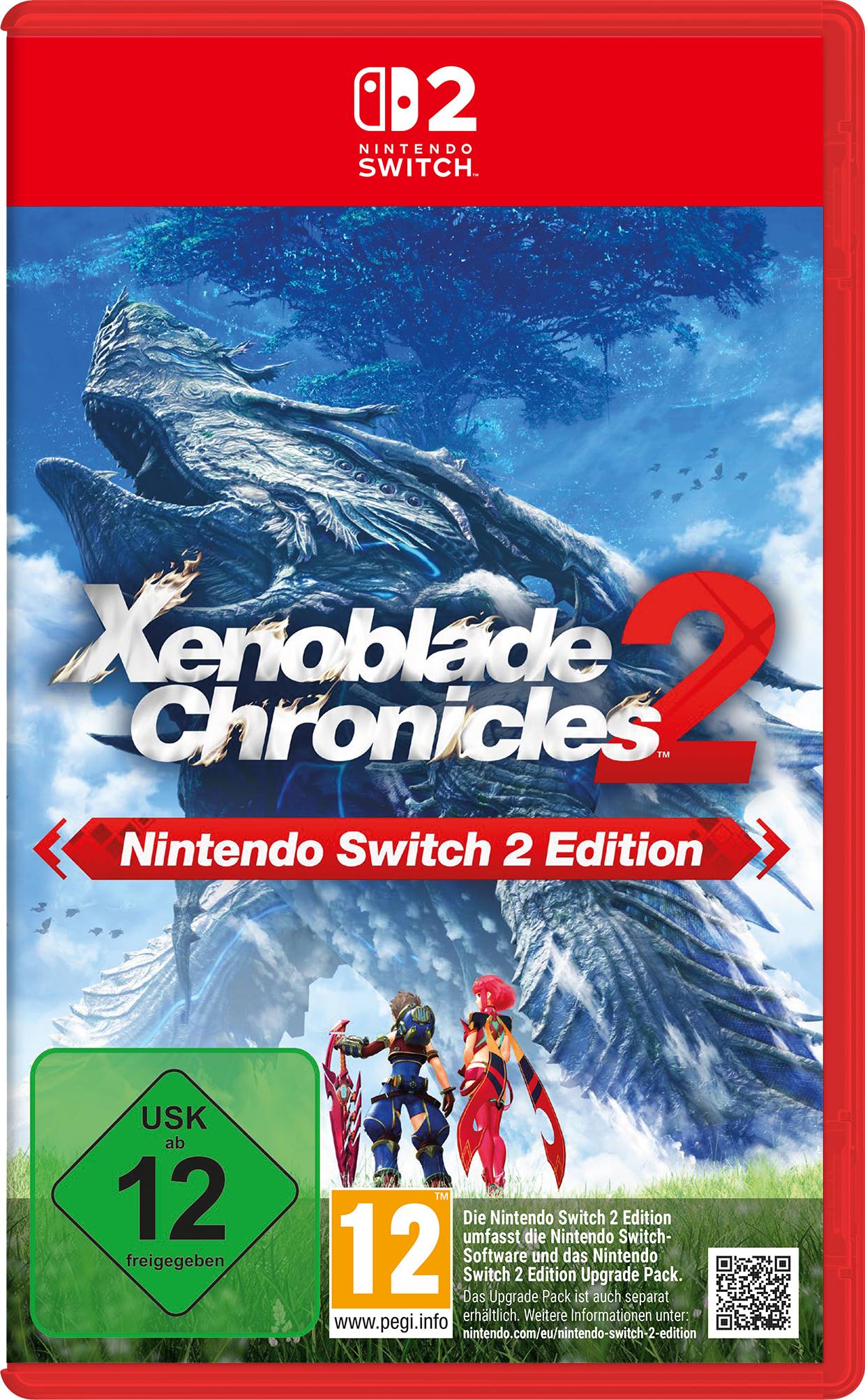 Nintendo Switch 2 Edition-Cover für Xenoblade Chronicles 2, das zwei Charaktere vor einer riesigen walartigen Kreatur zeigt, mit USK 12-Altersfreigabe und Nintendo Switch-Branding.