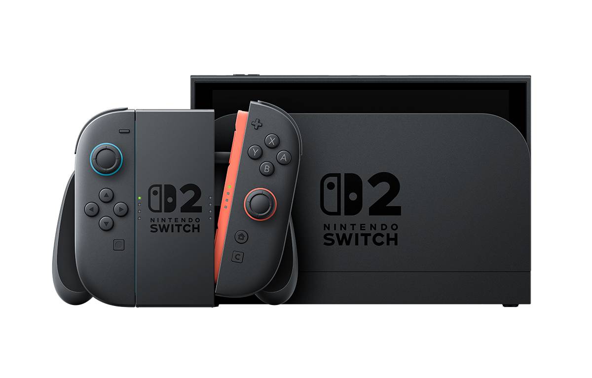 Nintendo Switch 2 Konsole mit zwei Joy-Con Controllern in einem dunklen Produktbild auf schwarzem Hintergrund.