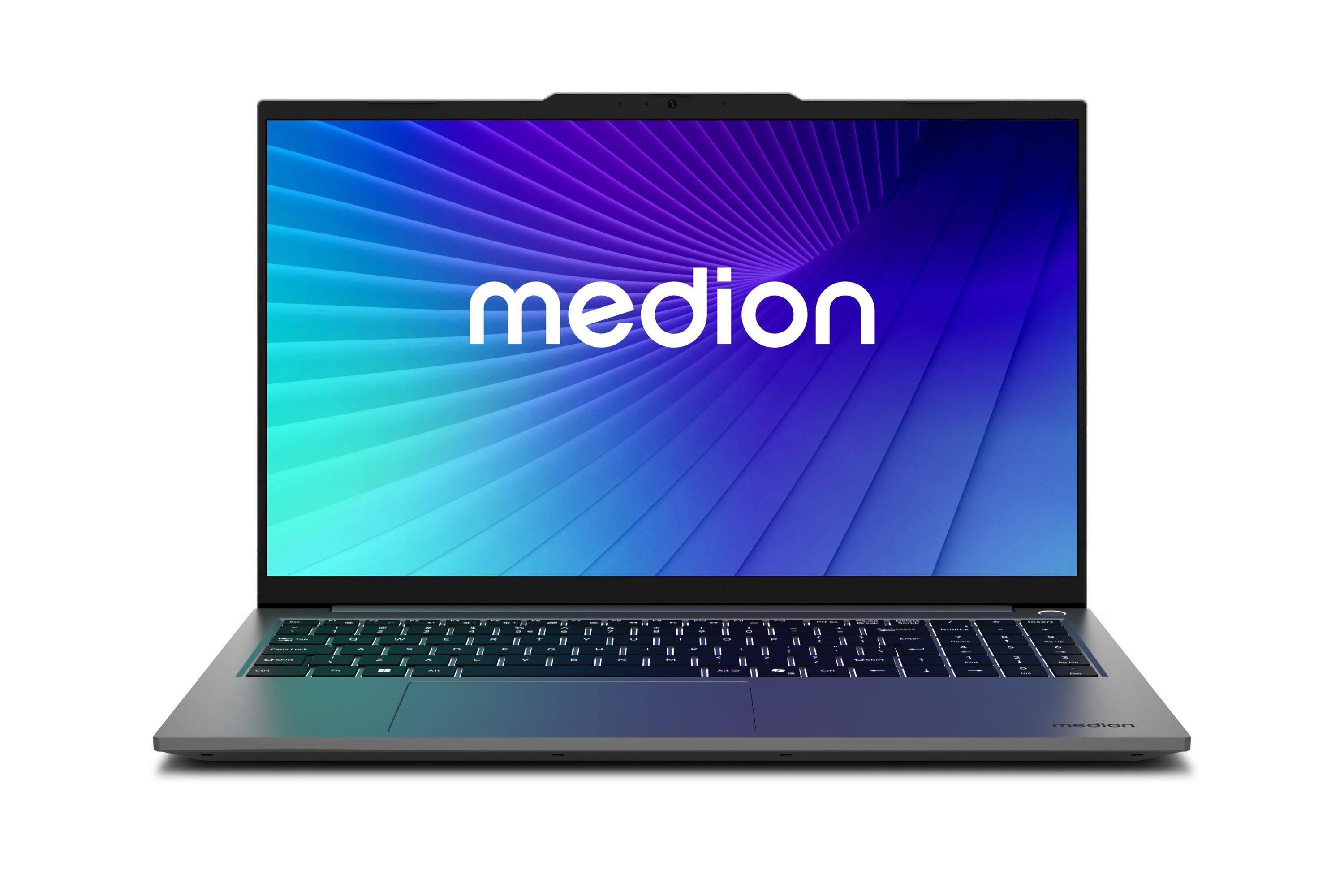 Vorderansicht eines Medion-Laptops auf weißem Hintergrund, wobei der Bildschirm das Medion-Logo auf einem blauvioletten Farbverlauf anzeigt.