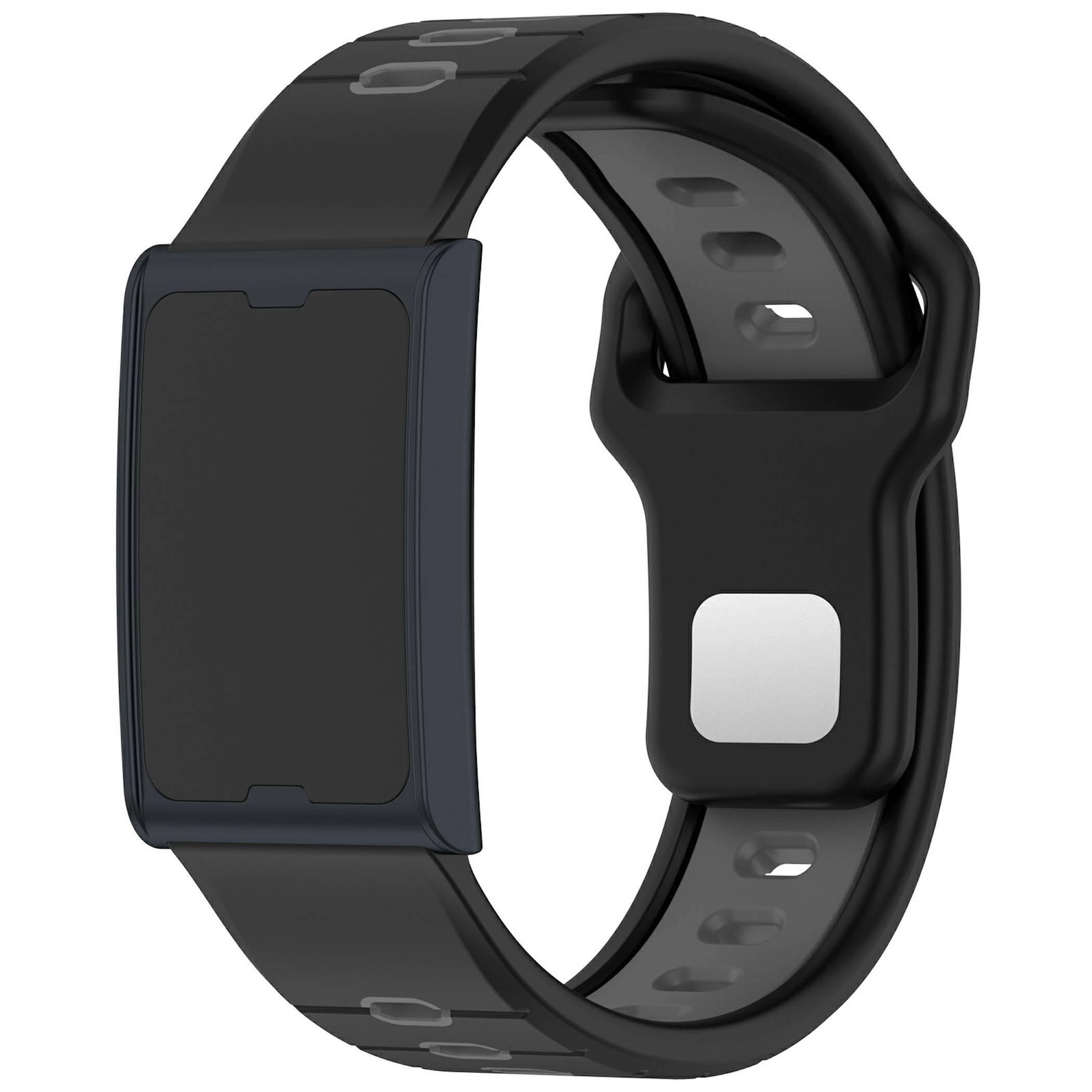 Schwarzes Fitness-Tracker-Armband mit rechteckigem leerem Display und verstellbarem perforiertem Silikonarmband auf weißem Hintergrund