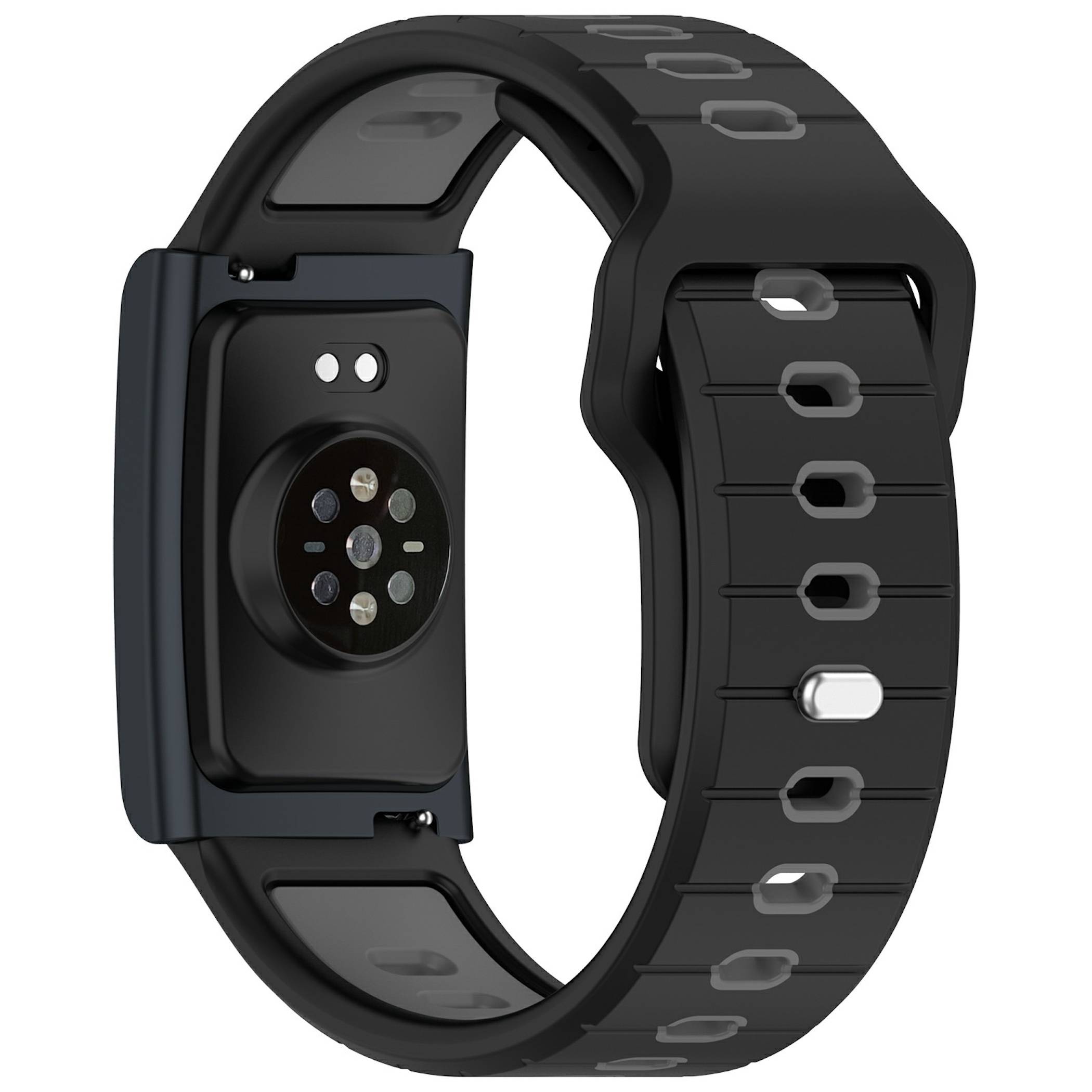 Schwarzes Smart-Watch-Band mit abnehmbarem rechteckigen Sensormodul, in Seitenansicht auf weißem Hintergrund dargestellt.