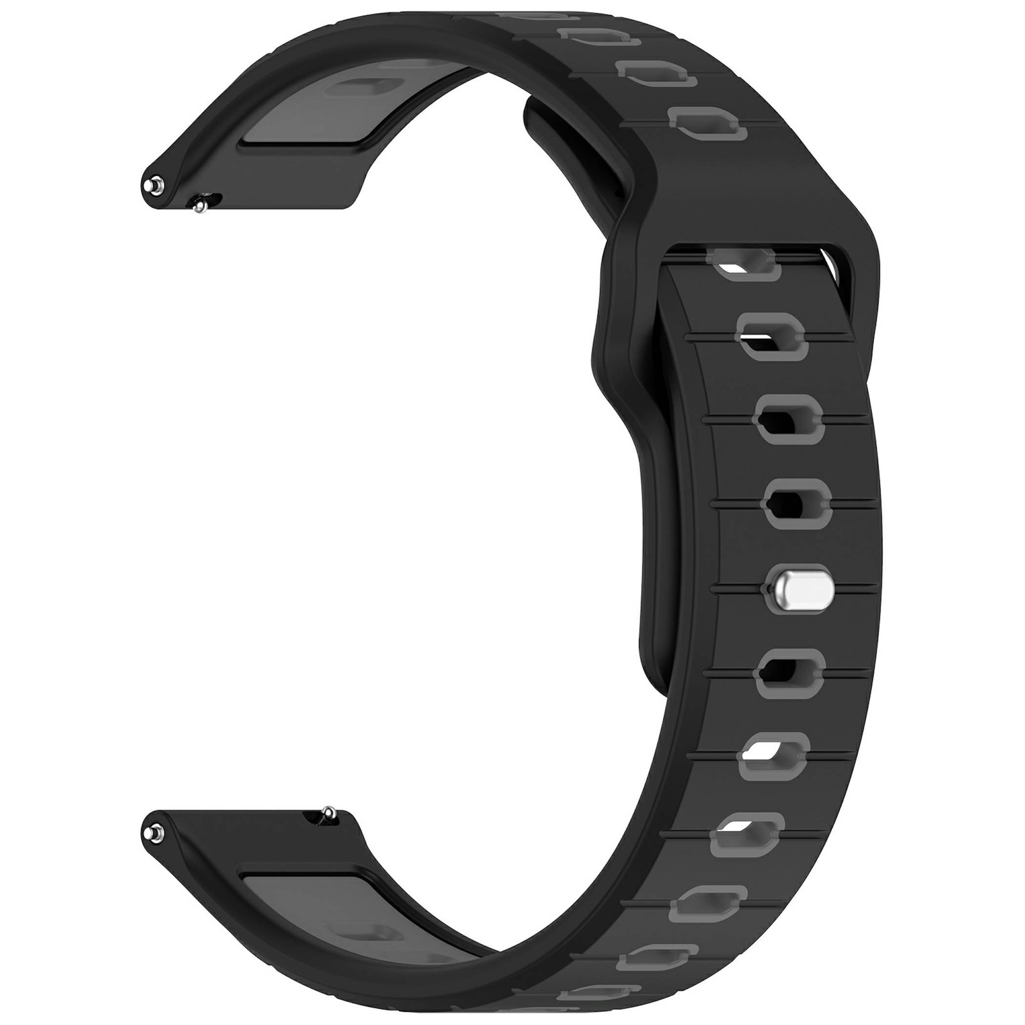 Schwarzes Smartwatch-Armband mit verstellbarem perforiertem Riemen und Verschlussöffnungen, isoliert auf weißem Hintergrund dargestellt.