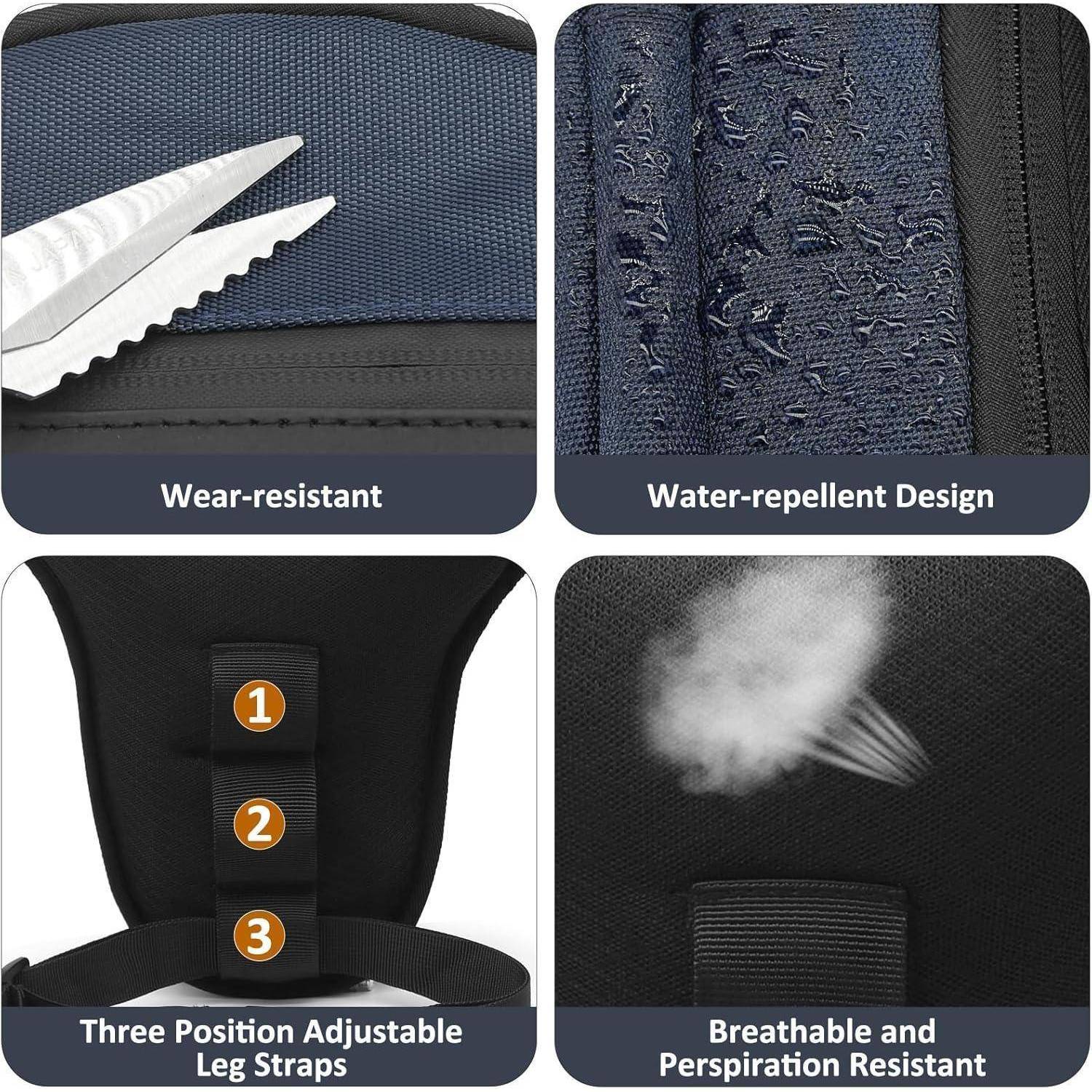 Grafik zeigt die Merkmale des Rucksackmaterials: verschleißfest, wasserabweisendes Design, dreipositionierbare verstellbare Riemen und atmungsaktives, kratzfestes Gewebe.