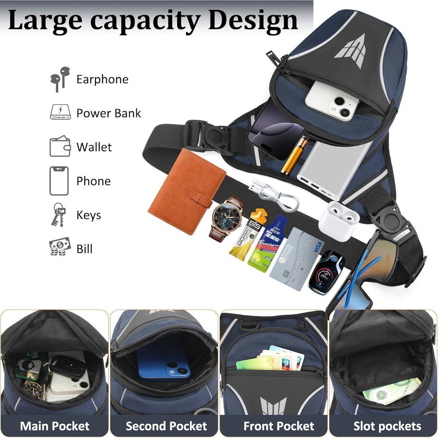 Große Sling-Tasche mit Stauraum für Kopfhörer, Powerbank, Geldbörse, Telefon, Schlüssel, Geldscheine und andere kleine Gegenstände, mit gekennzeichneten Haupt-, Neben-, Vorder- und Steckfächern.