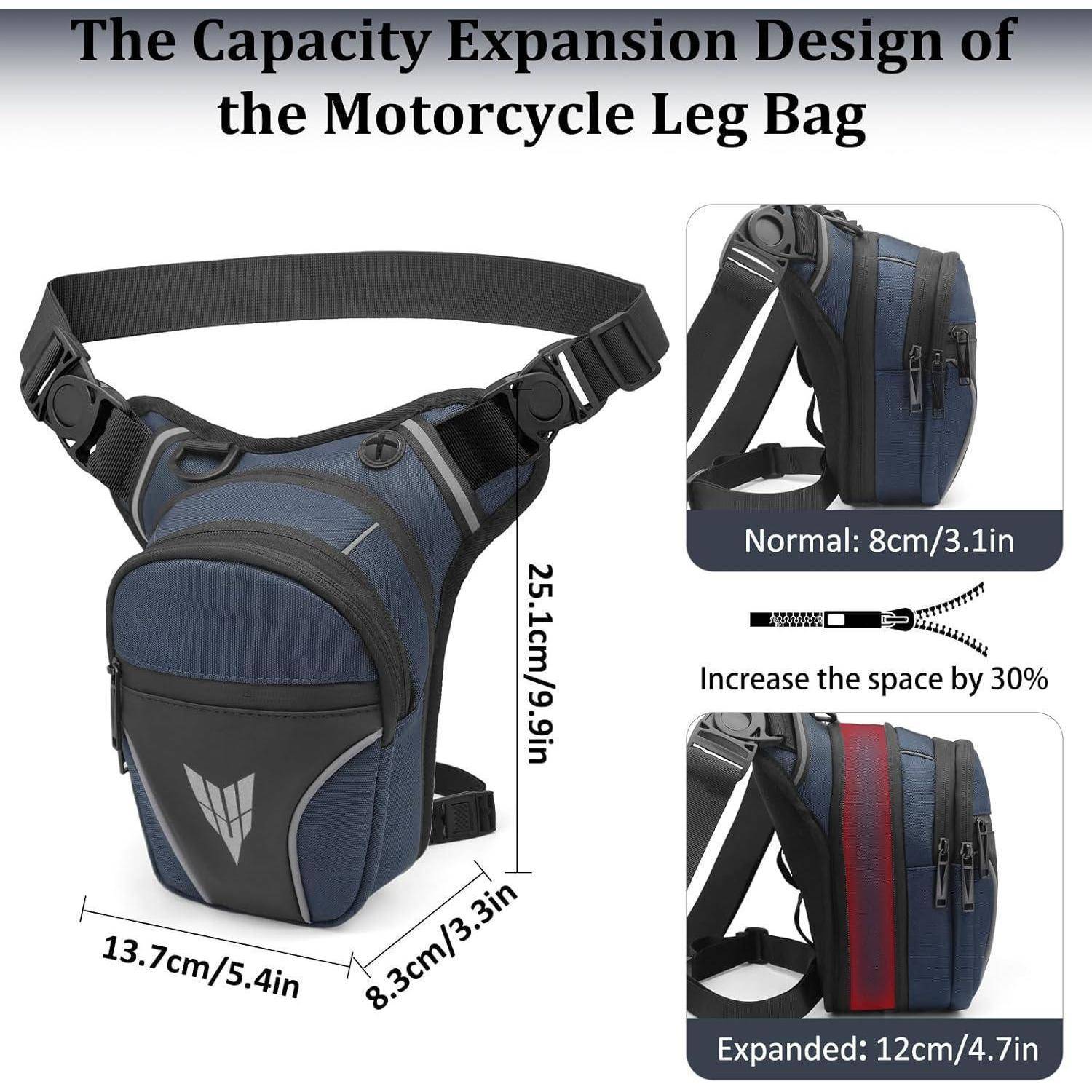 Infografik einer Motorrad-Beinentasche mit Normal- und Expandgröße, erhöht die Kapazität um 30 %, mit den Abmessungen 25,1 cm Höhe, 13,7 cm Breite und 8,3-12 cm Tiefe.