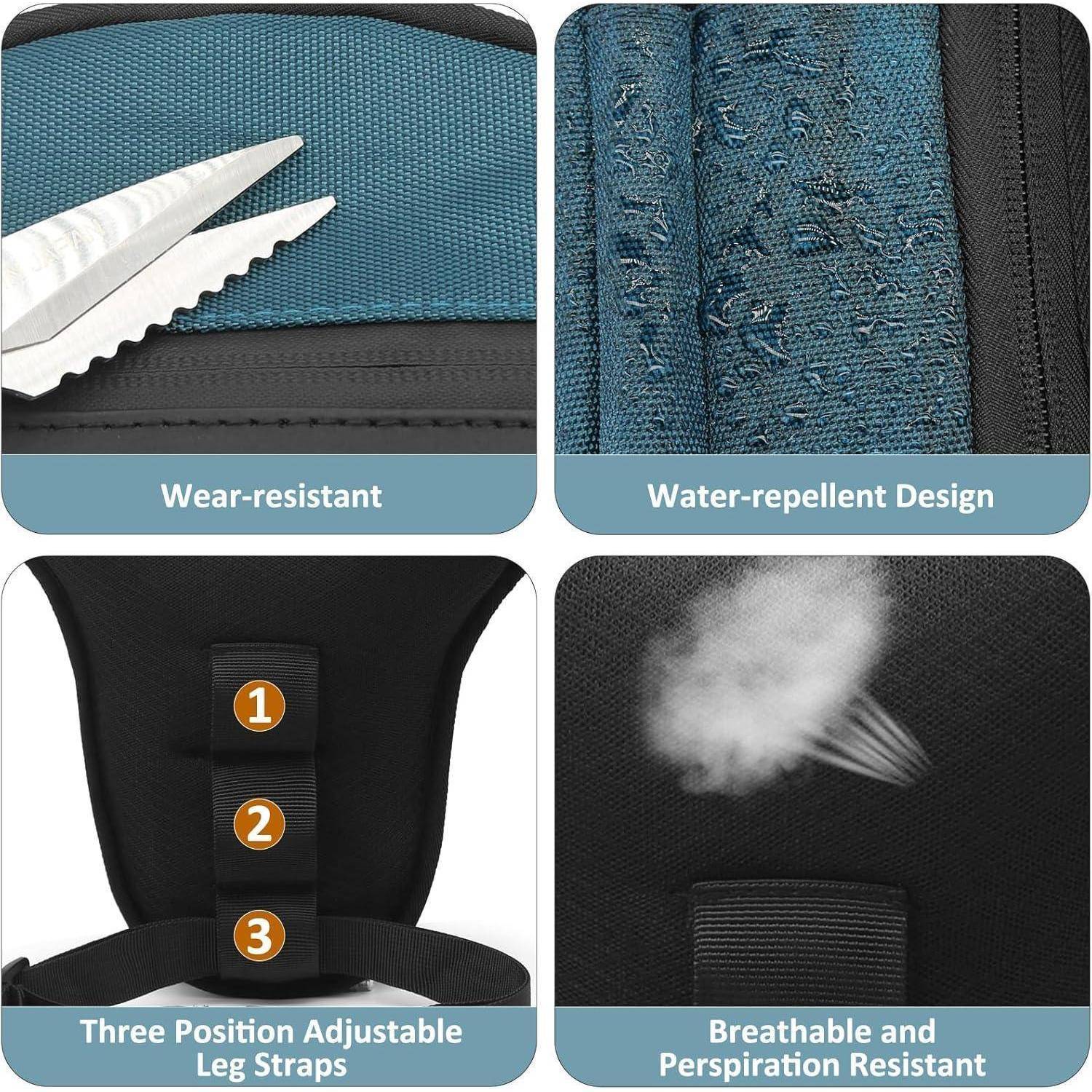 Vierpanel-Produktgrafik mit verschleißfestem und wasserabweisendem Stoff sowie verstellbaren und atmungsaktiven Riemen mit Beinstützung.