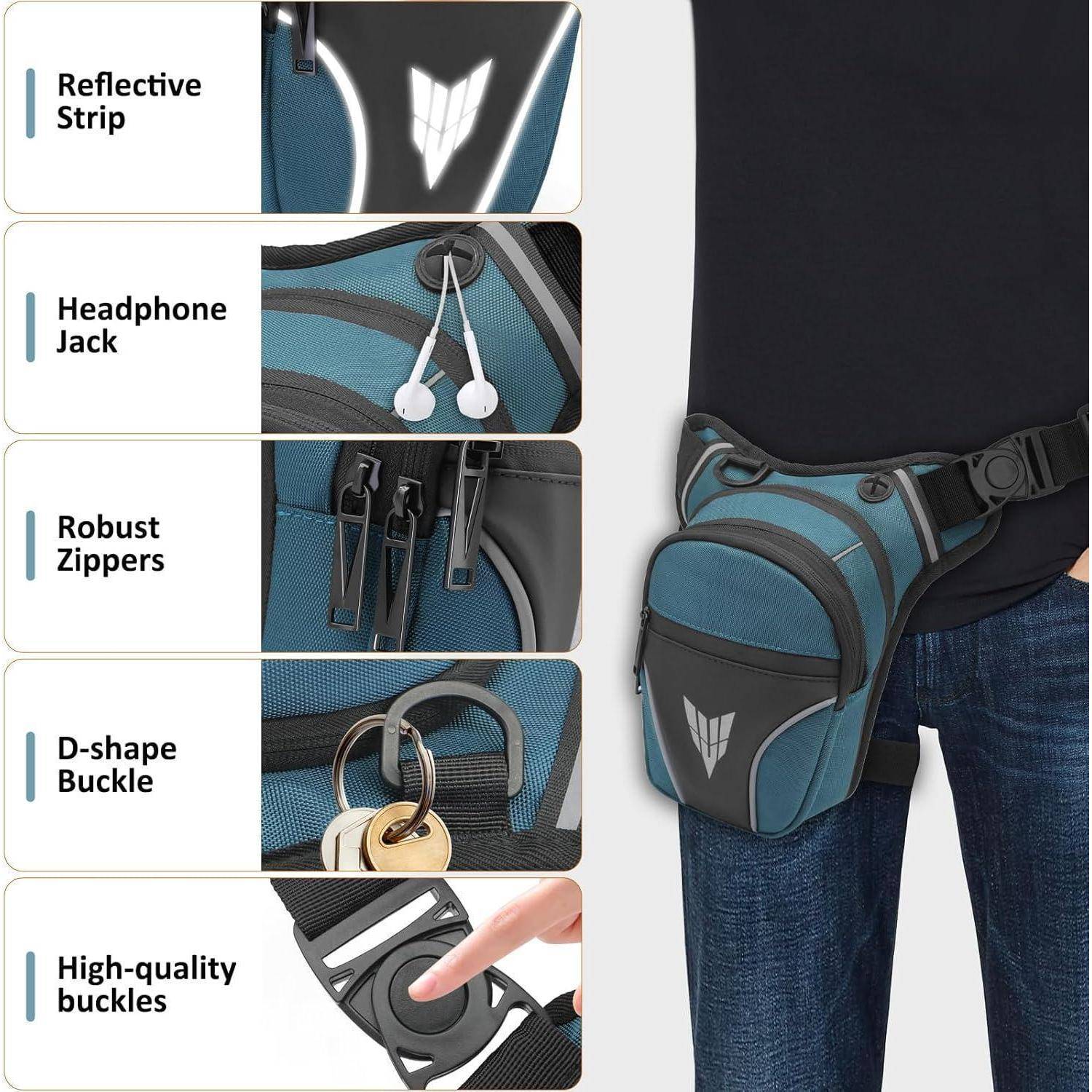 Werbebild einer blau-schwarzen Gürteltasche, die von einer Person getragen wird und den reflektierenden Streifen, die Kopfhörerbuchse, die robusten Reißverschlüsse, die D-Ring-Schnalle und den Schnallenverschluss hervorhebt.