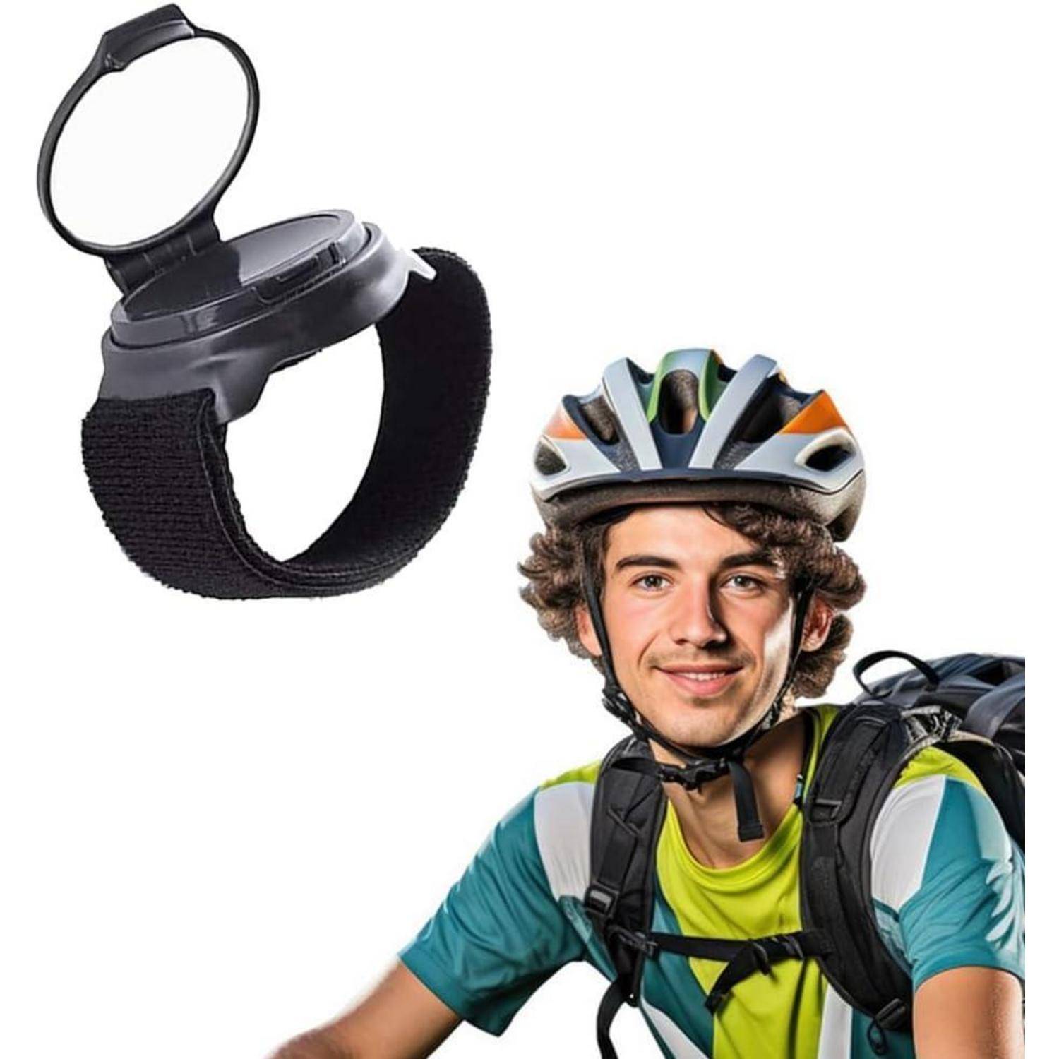 Fahrrradhelm-Spiegel mit verstellbarem Riemen, gezeigt neben einem Radfahrer, der einen Helm und einen Rucksack trägt.