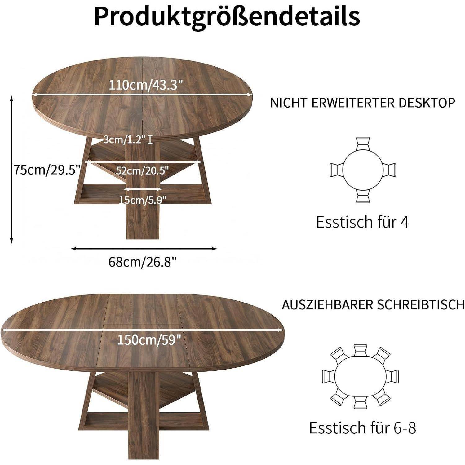 Esstisch ausziehbar rund-oval 110-150cm mit Stauraum