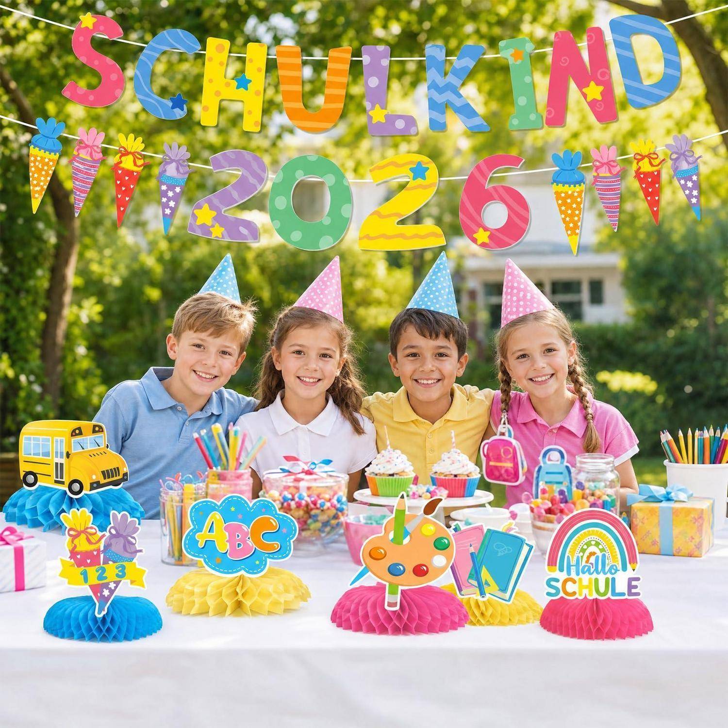 Einschulung Deko Set 2 Girlanden 6 Wabenmittelstücke Bunt