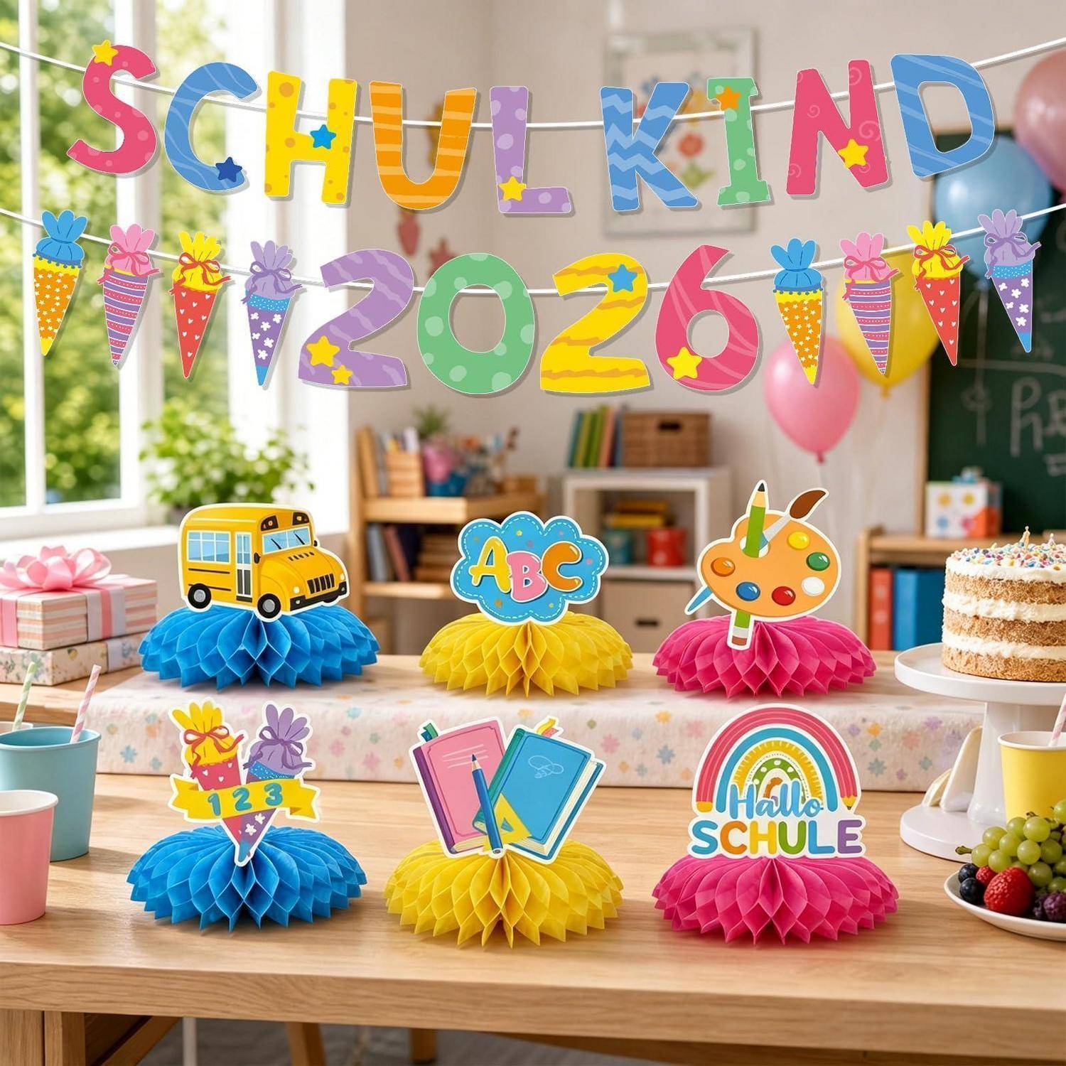 Einschulung Deko Set 2 Girlanden 6 Wabenmittelstücke Bunt