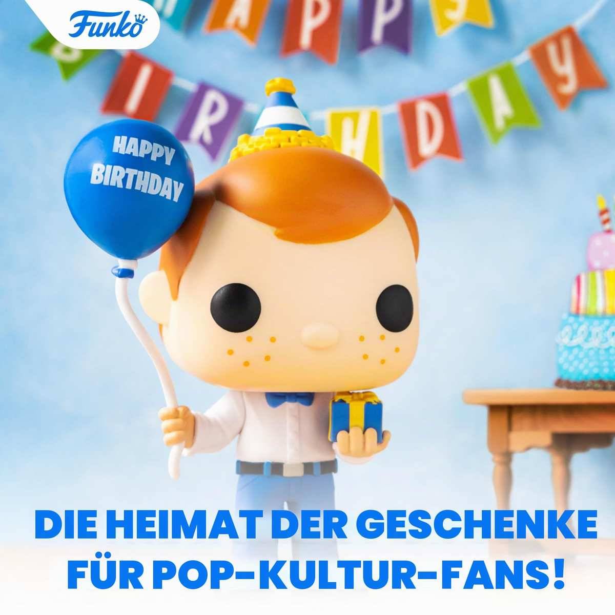 Funko Pop-ähnlicher Junge, der einen "Alles Gute zum Geburtstag""-Ballon und ein Geschenk auf einer Geburtstagsfeier hält; deutscher Text lautet „Die Heimat der Geschenke für Pop-Kultur-Fans!"