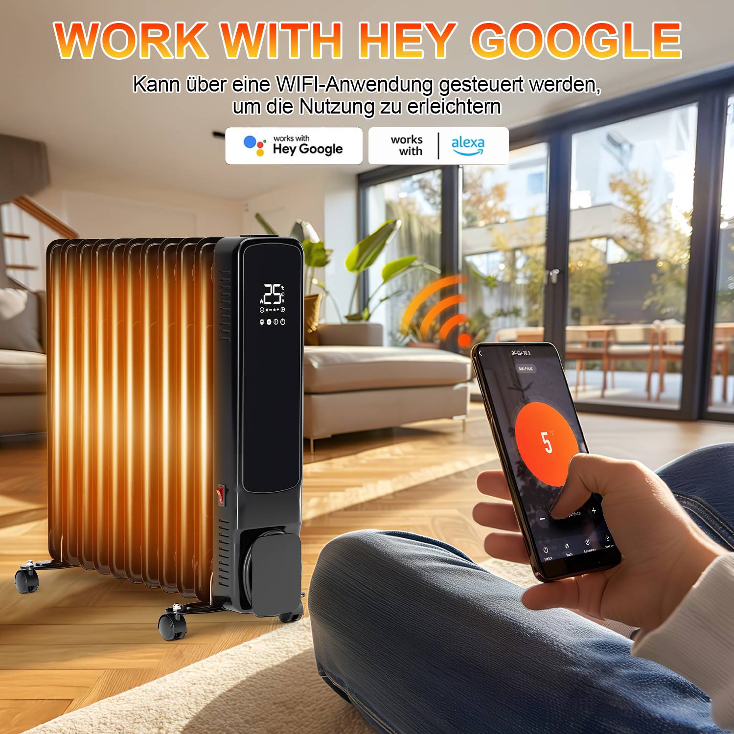 Intelligenter elektrischer Heizkörper auf Rädern, gesteuert vom Smartphone, mit Text „WORK WITH HEY GOOGLE" und deutscher Notiz über eine Wi‑Fi-App; kompatibel mit Google und Alexa.