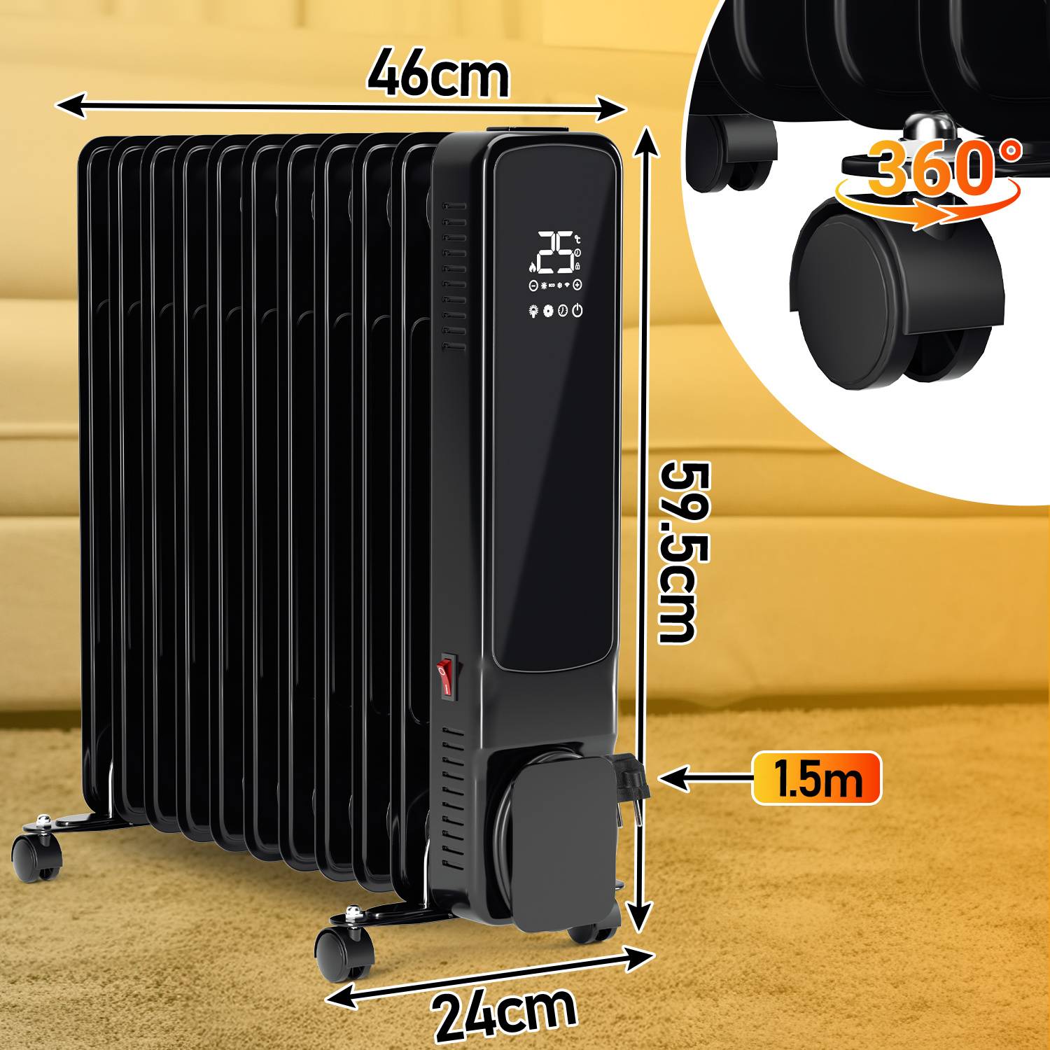 Schwarzer tragbarer Ölradiator auf Rollen, mit Abmessungen von 46 cm Breite, 59,5 cm Höhe, 24 cm Tiefe, 1,5 m Stromkabel und 360°-Schwenkrollen.