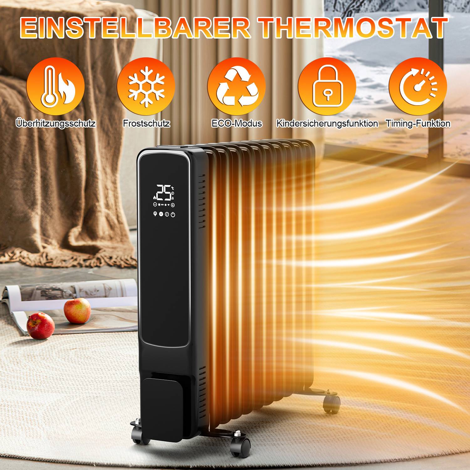 Elektrische Heizung mit digitaler Anzeige und Wärmeluftstrom, gekennzeichnet mit "EINSTELLBARER THERMOSTAT"" und Symbolen für Überhitzungsschutz, Frostschutz, Eco-Modus, Kindersicherung und Timer.