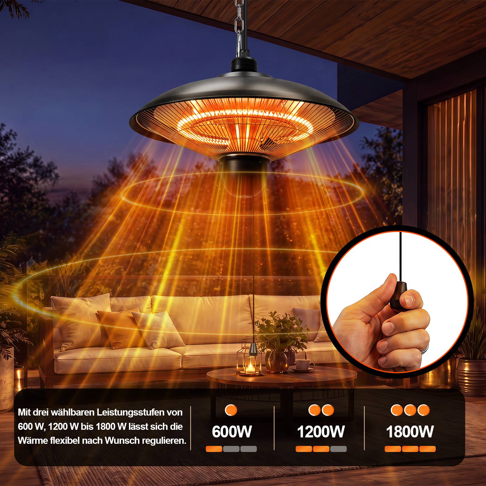 Tragbarer Außen-Heizer mit glühenden Wärmestrahlen, der drei wählbare Leistungsstufen zeigt: 600W, 1200W und 1800W; die Vergrößerung zeigt eine Hand, die die Zugschnur-Steuerung bedient.