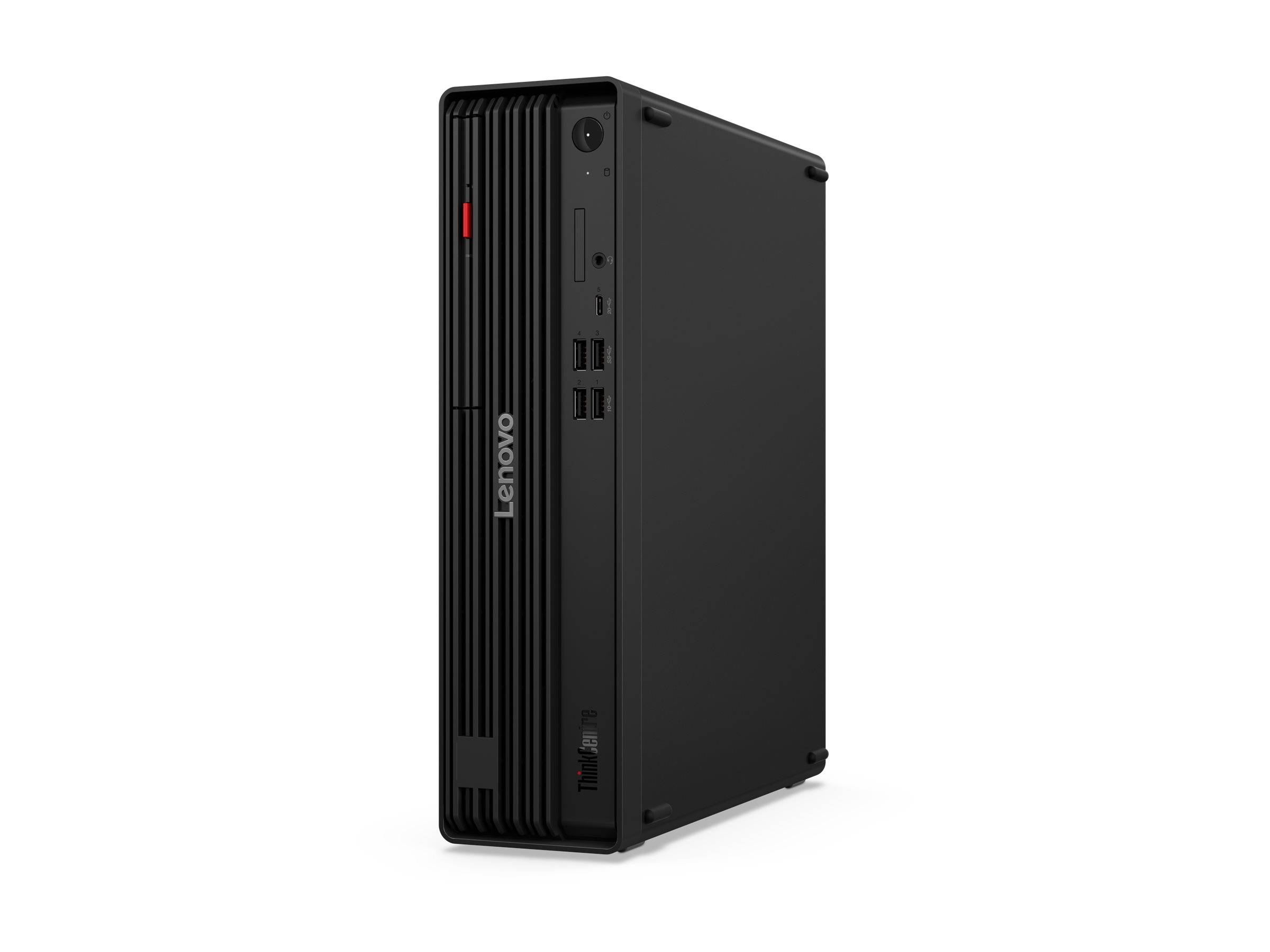 Schwarzer Lenovo-Desktop-Tower-PC in Dreiviertelsicht, mit Belüftungsgitter vorne und vorderen Anschlüssen auf einfachem weißem Hintergrund.