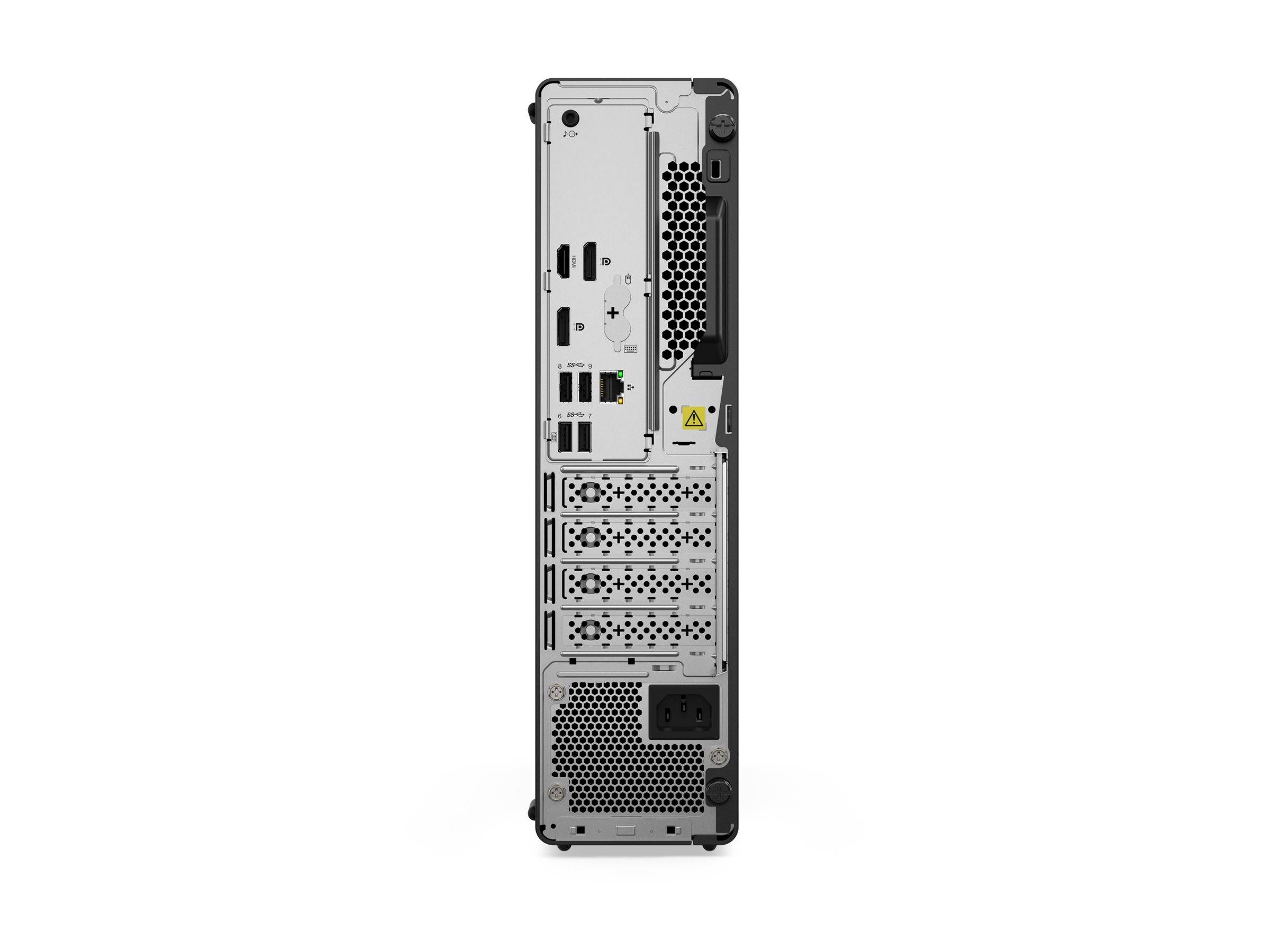 Rückansicht eines Desktop-Computer-Towers mit hinteren Anschlüssen, Erweiterungssteckplätzen, Lüftungsgittern und dem Stromversorgungsbereich.