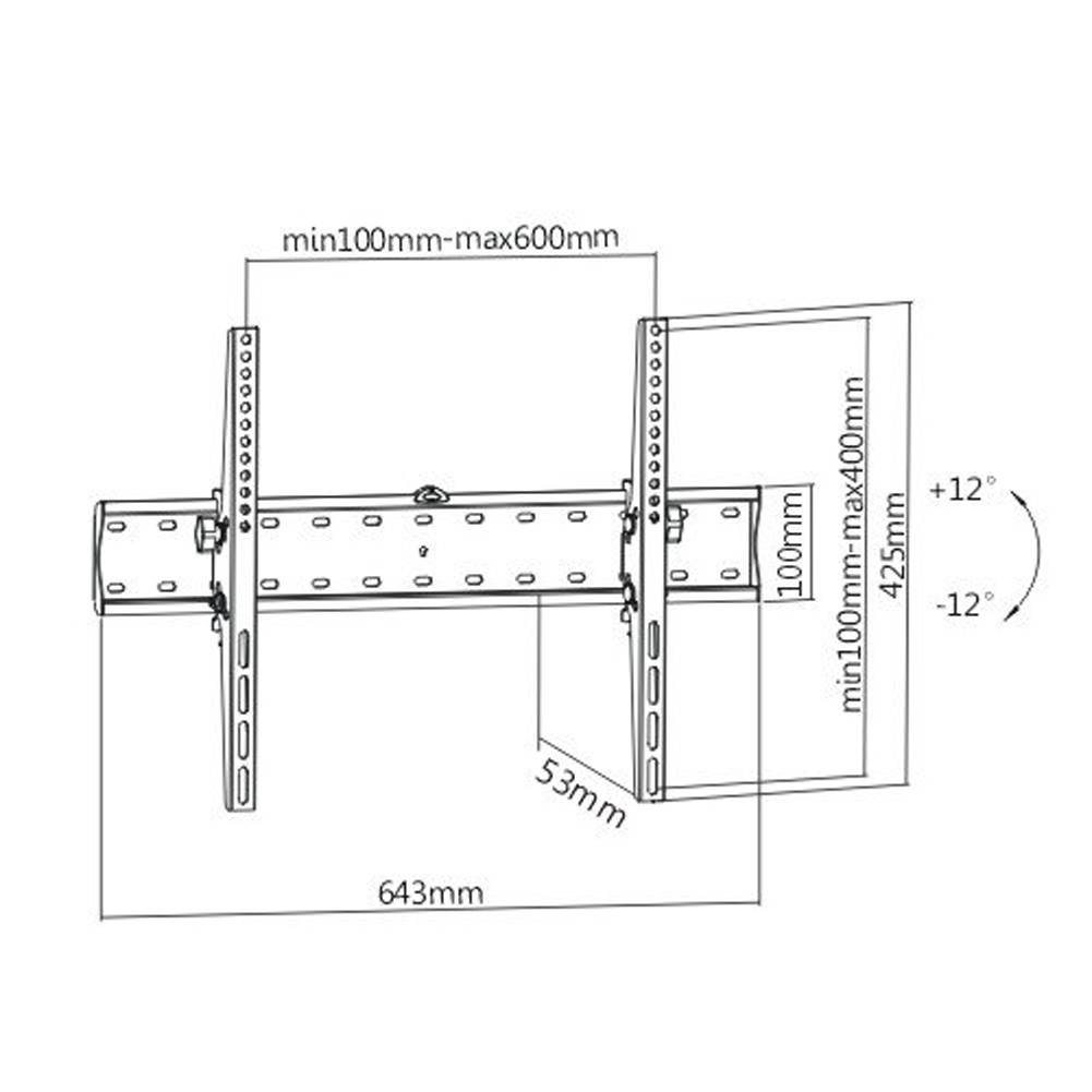 Technisches Diagramm einer verstellbaren TV-Wandhalterung mit Abmessungen und Neigungsbereich; zeigt minimale 100 mm – maximale 600 mm Breite, 100 mm Höhe, 53 mm Tiefe und +12°/-12° Neigung.