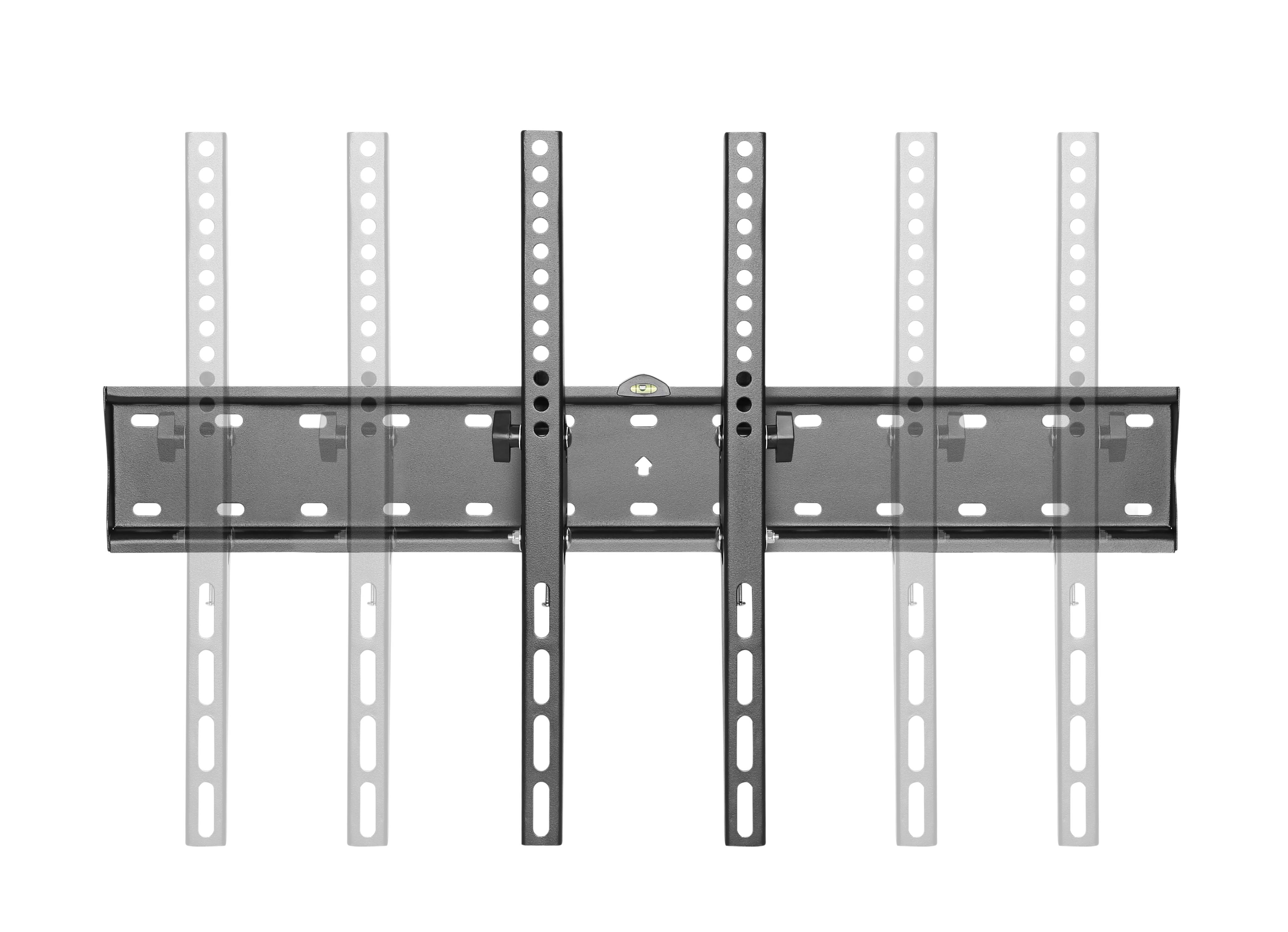 Wandmontierter Fernseh-Halter mit mehreren vertikalen Montageschienen, frontal auf weißem Hintergrund dargestellt.