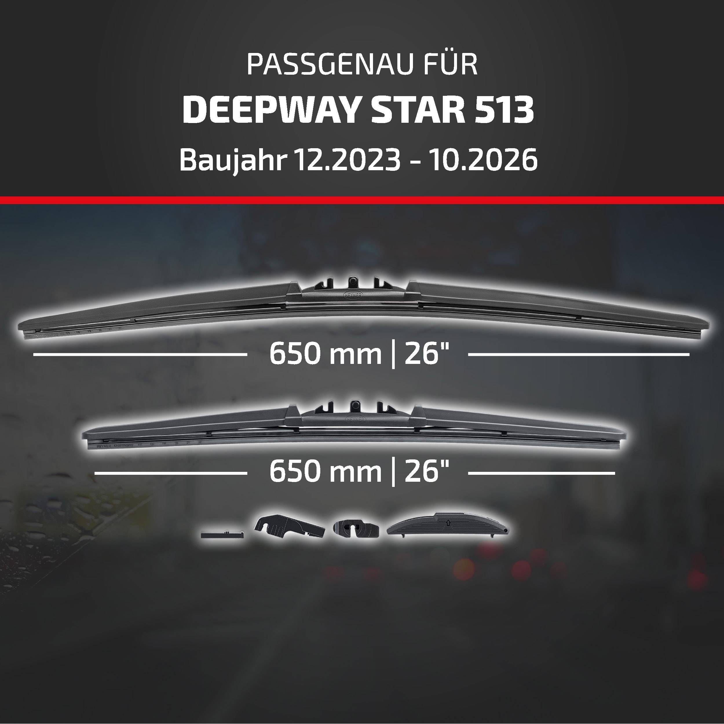 Kompatibilitätsgrafik für „DEEPWAY STAR 513"; zeigt Wischergröße 650 mm/26"" und Baujahre 12.2023-10.2026.