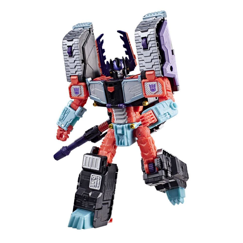 Eine bunte Roboter-Actionfigur mit übergroßen radähnlichen Schultern und einem gehobenen Bein, vor einem einfachen weißen Hintergrund posiert.
