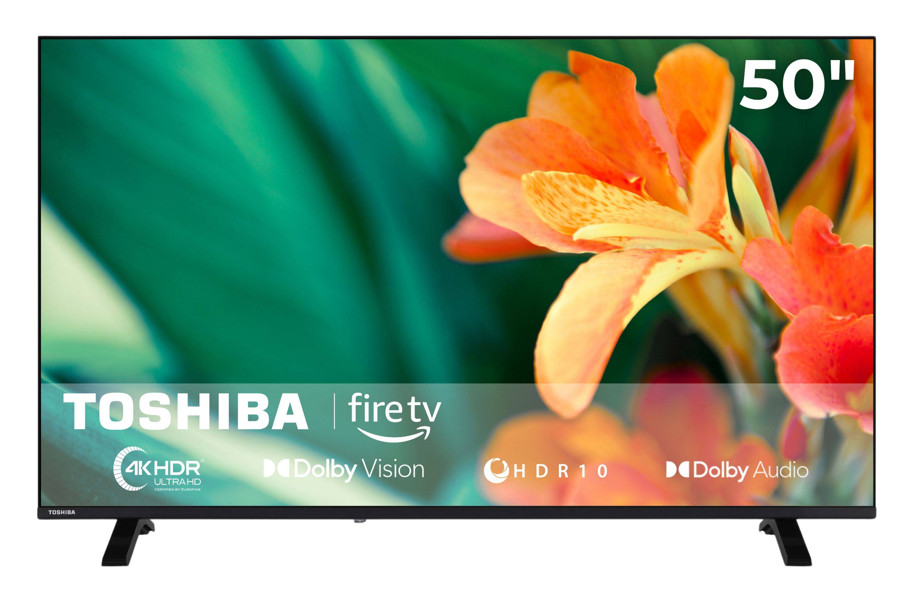 Toshiba Fire TV 50-Zoll-Flachbildfernseher zeigt ein Blumenbild an, mit 4K HDR, Dolby Vision, HDR10 und Dolby Audio Logos.